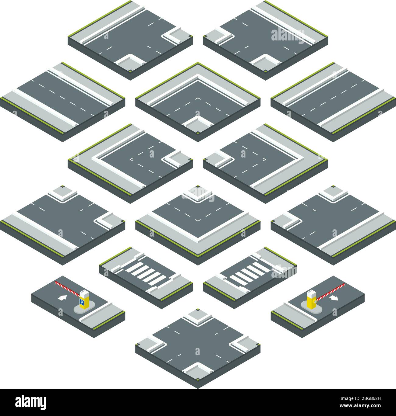 Isometrische Stadtelemente Straße, Gras und Kreuzungen. Vektorgrafiken setzen auf weißen Hintergrund isolieren Stock Vektor