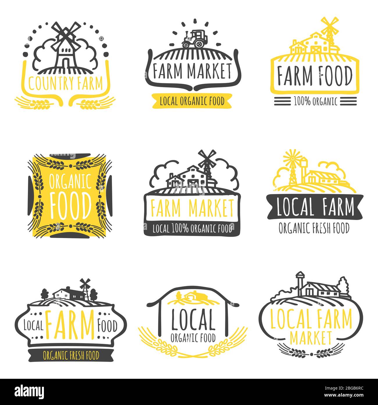 Gelb und grau Hand gezeichnet Bauernhof Markt Bio-Lebensmittel-Etiketten Set. Vektorgrafik Stock Vektor