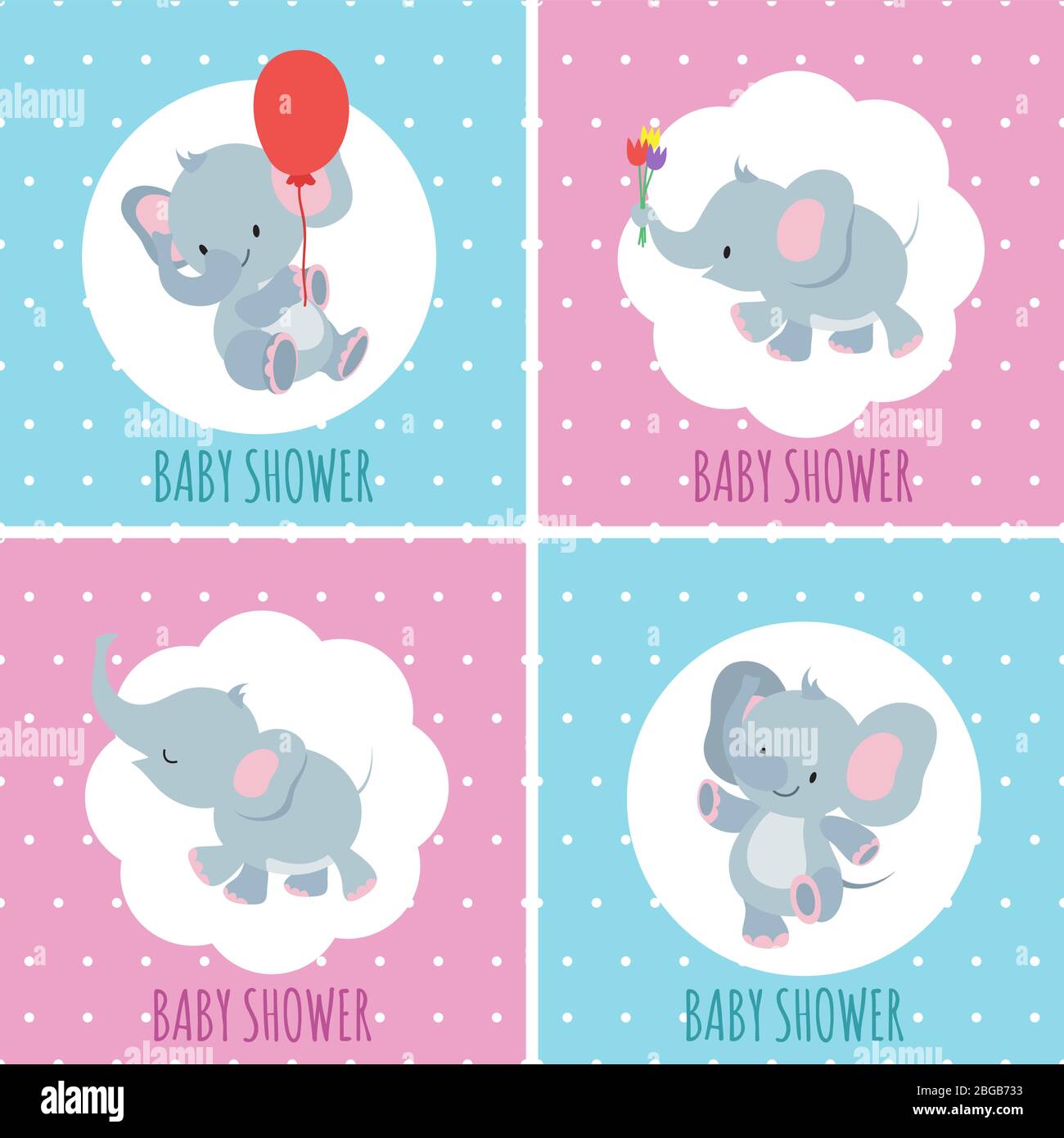 Baby Dusche Einladungskarten mit niedlichen Cartoon Elefanten Vektor-Set. Baby Dusche Banner lustig, Einladung und Postkarte Illustration Stock Vektor