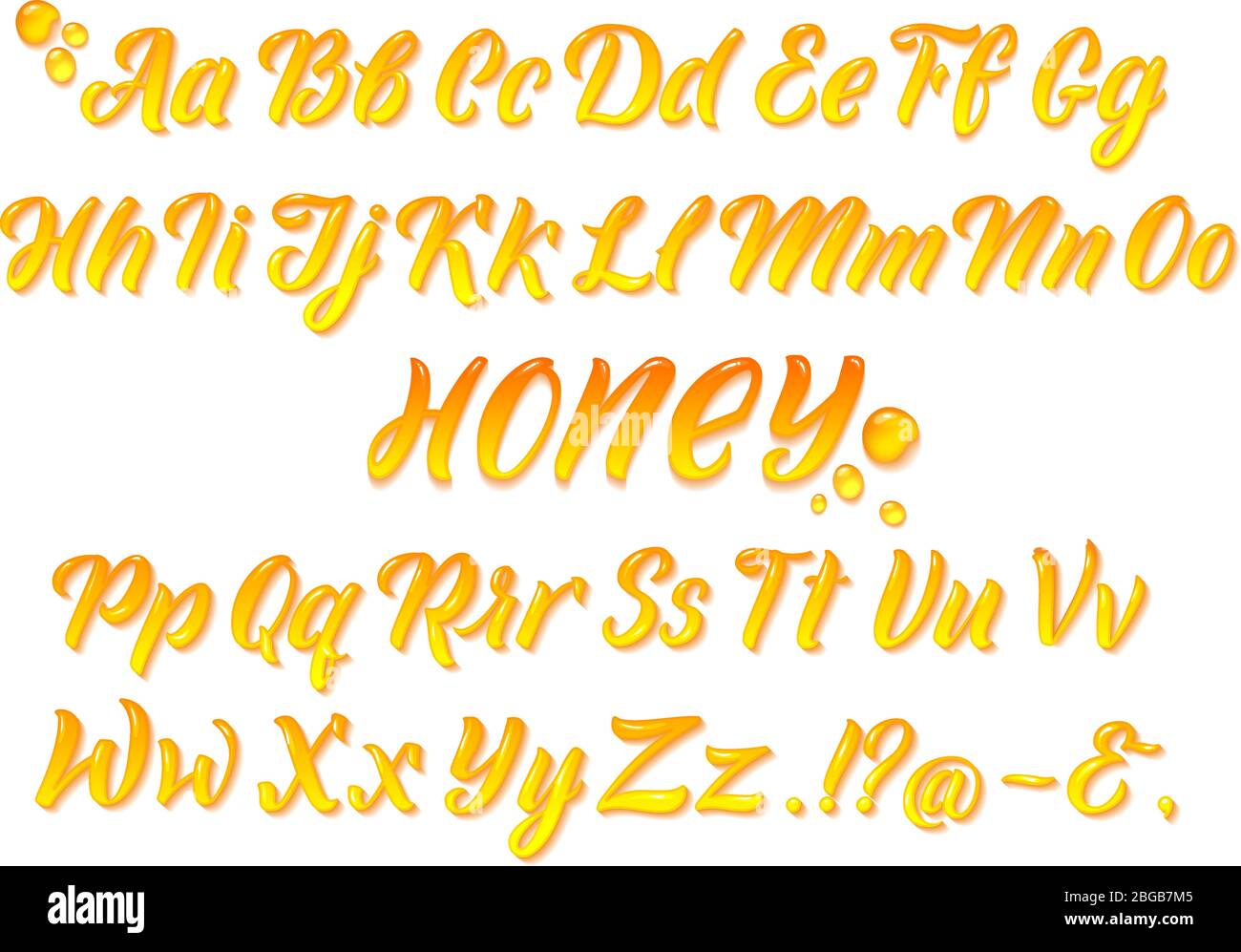 Flüssiges honigiges lateinisches Alphabet mit Goldspritzern. Vektorsatz für gelbe Buchstaben mit Handschrift Stock Vektor