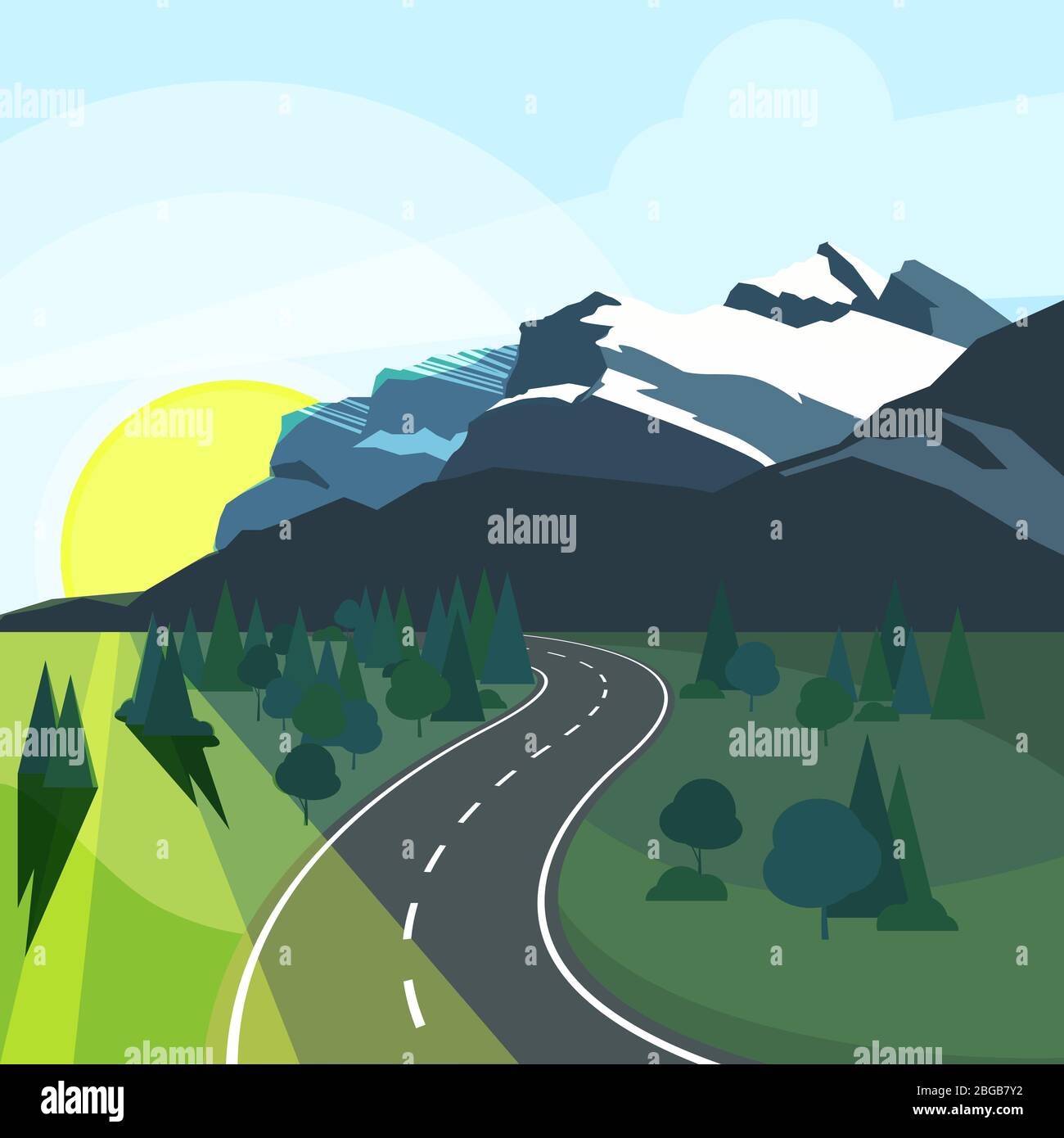 Panorama-Sommerlandschaft mit Umwelt und Straße in Perspektive Stock Vektor