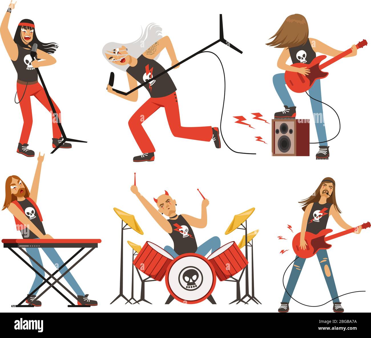 Lustige Comic-Figuren in Rockband. Musiker in berühmter Popgruppe. Vektor-Maskottchen-Set Stock Vektor