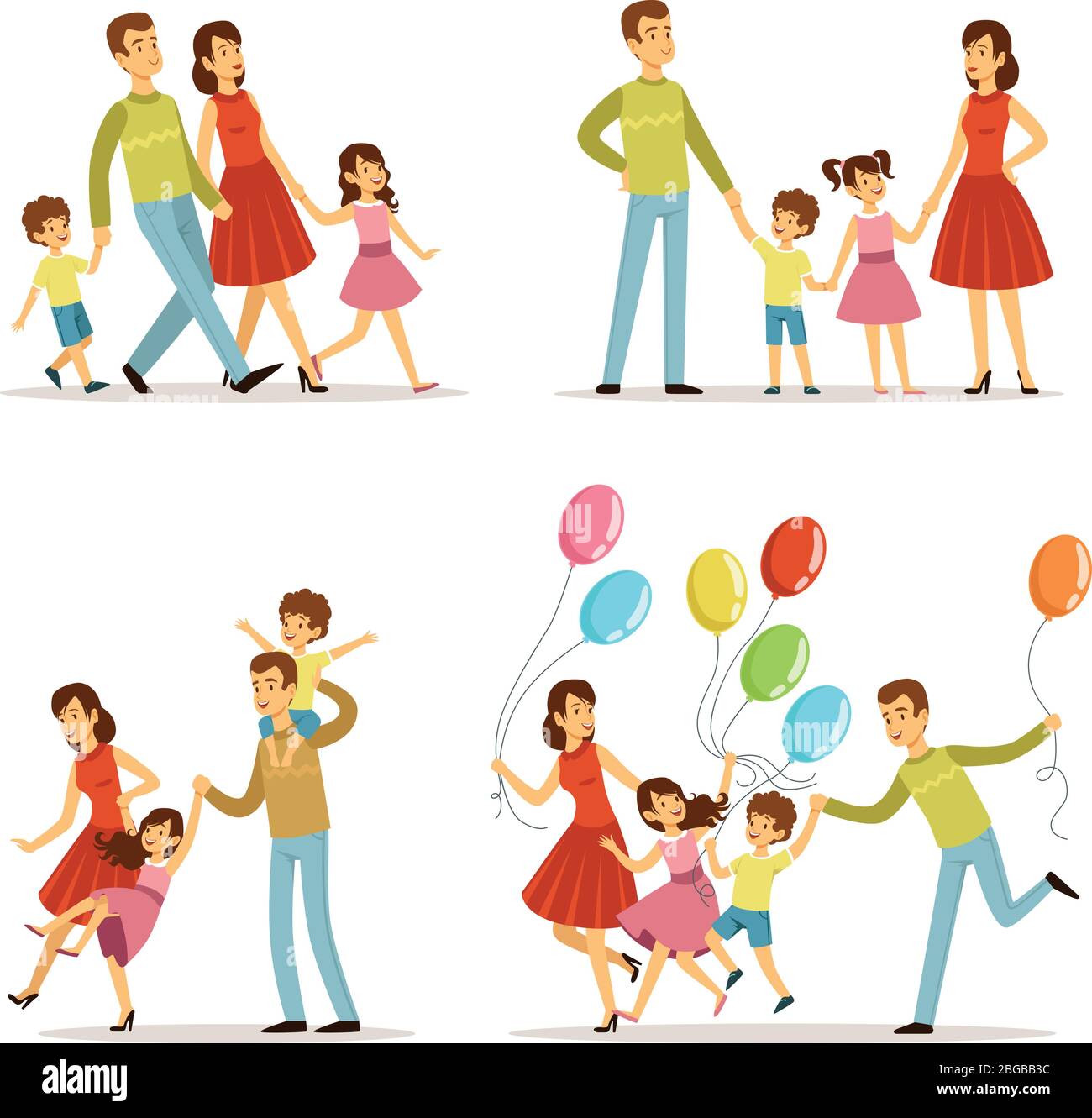 Glückliches Familienporträt. Vater, Mutter und Kinder beim Spaziergang im Park. Outdoor-Vektorgrafiken im Cartoon-Stil Stock Vektor