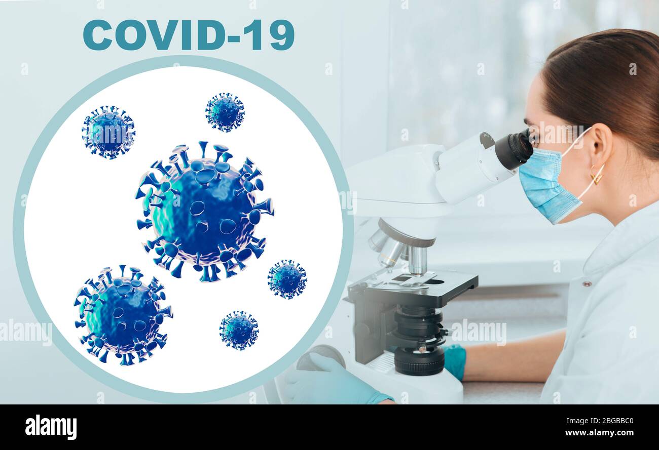 Wissenschaftler, die COVID-19-Viren mit einem modernen Mikroskop betrachten, um Antikörper zu identifizieren, um einen Impfstoff gegen Coronavirus-Krankheit zu entwickeln. Pandemie Stockfoto