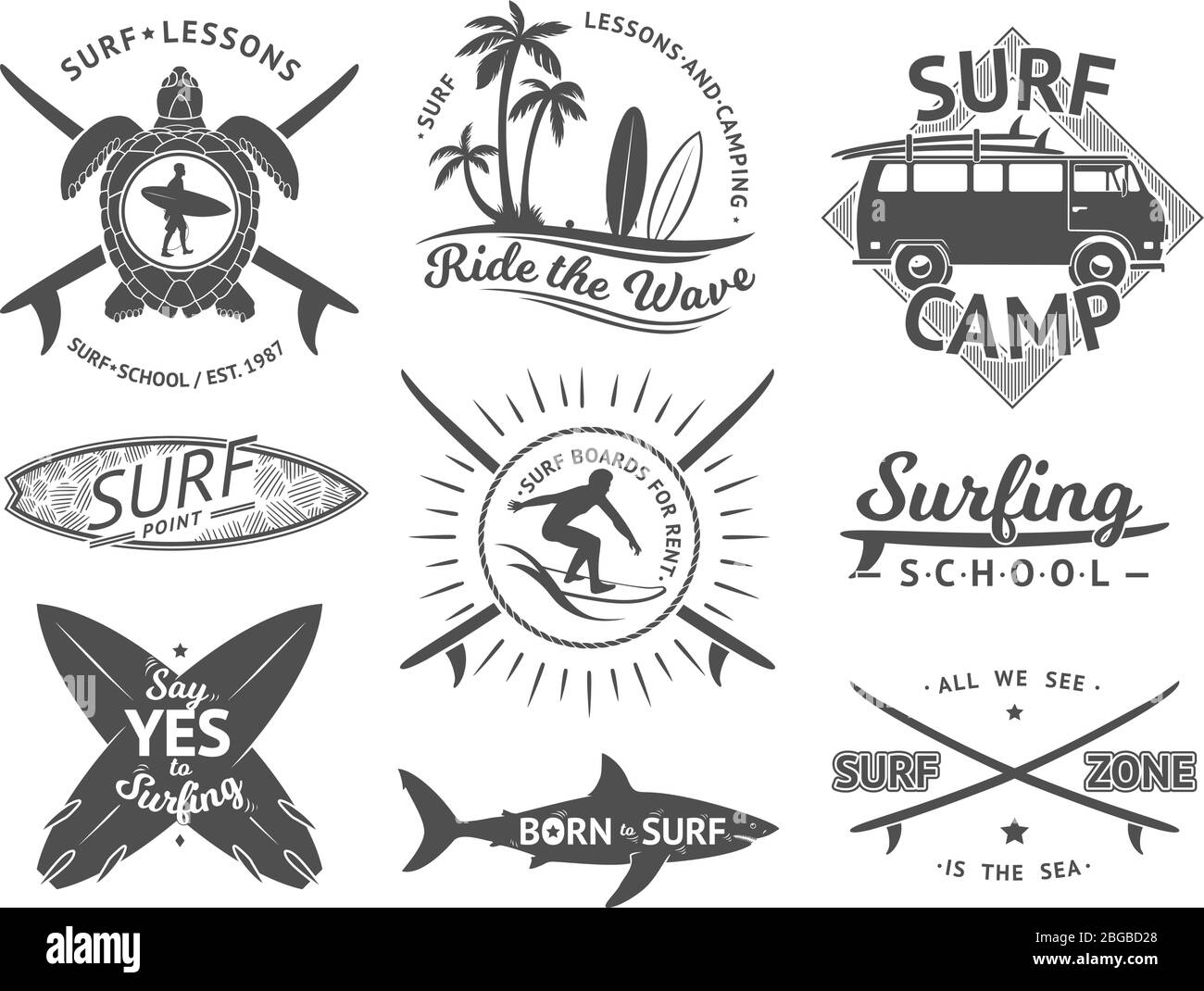 Vektorelemente für Etiketten oder Abzeichen. Surfen, hawaii Surfbrett und Meer. Monochrom-Illustrationsset Stock Vektor