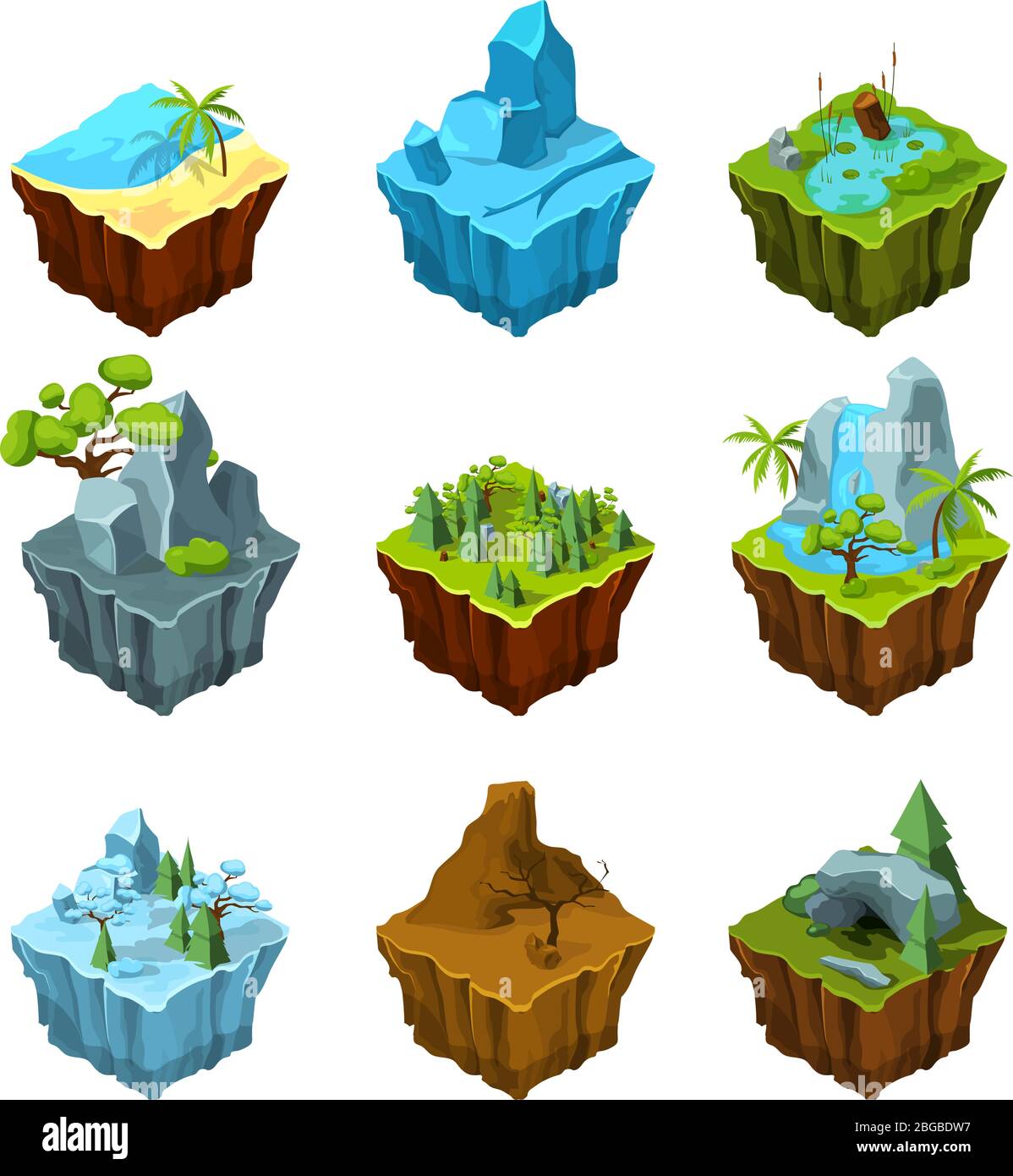 Rock Fantasy Inseln für Computerspiele. Isometrische Illustrationen im Cartoon-Stil Stock Vektor