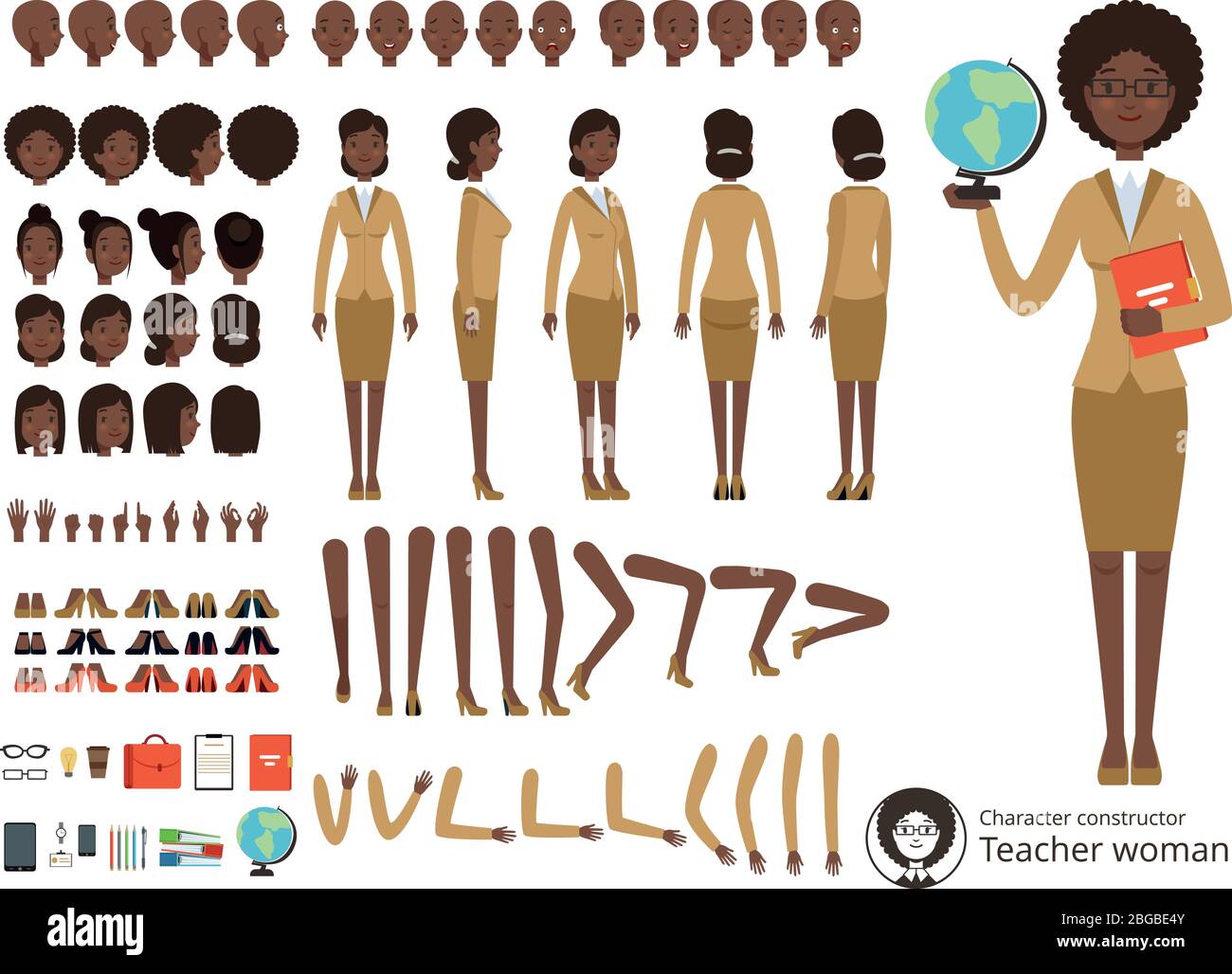 Vektor Konstruktor des weiblichen Charakters. Afroamerikanischer Lehrer zeigt. Vektor verschiedene Körperteile und Elemente gesetzt Stock Vektor