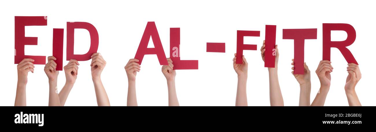 Menschen Hände Halten Wort Eid Al-Fitr, Isoliert Hintergrund Stockfoto