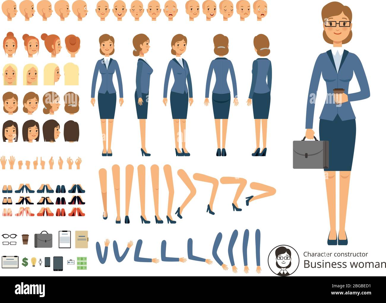 Charakter Konstrukteur der Geschäftsfrau. Cartoon Vektor-Illustrationen von verschiedenen Körperteilen und thematischen Elementen Stock Vektor