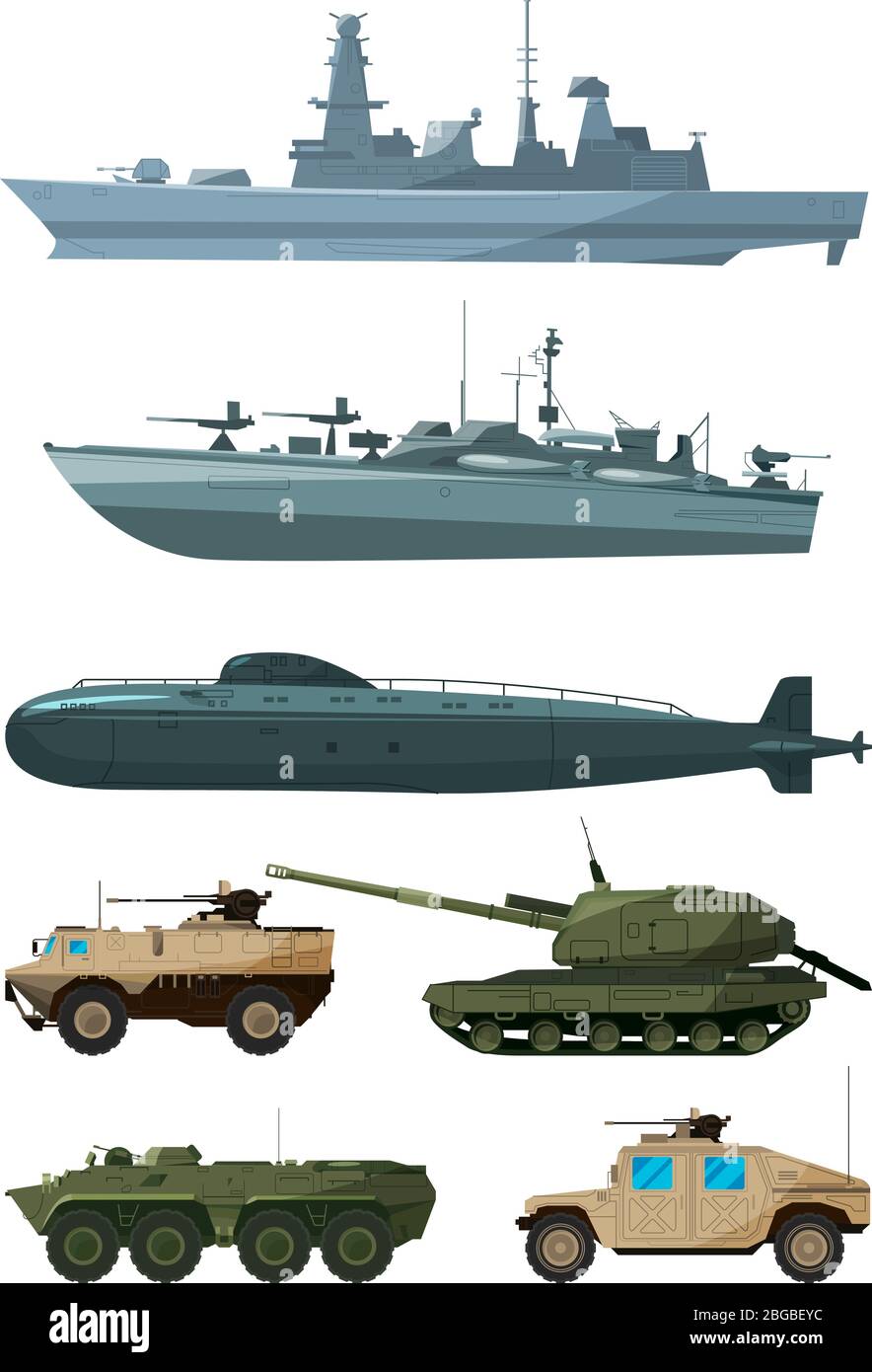 Kriegsschiffe und gepanzerte Fahrzeuge der Landstreitkräfte. Unterstützung für militärische Transporte Stock Vektor
