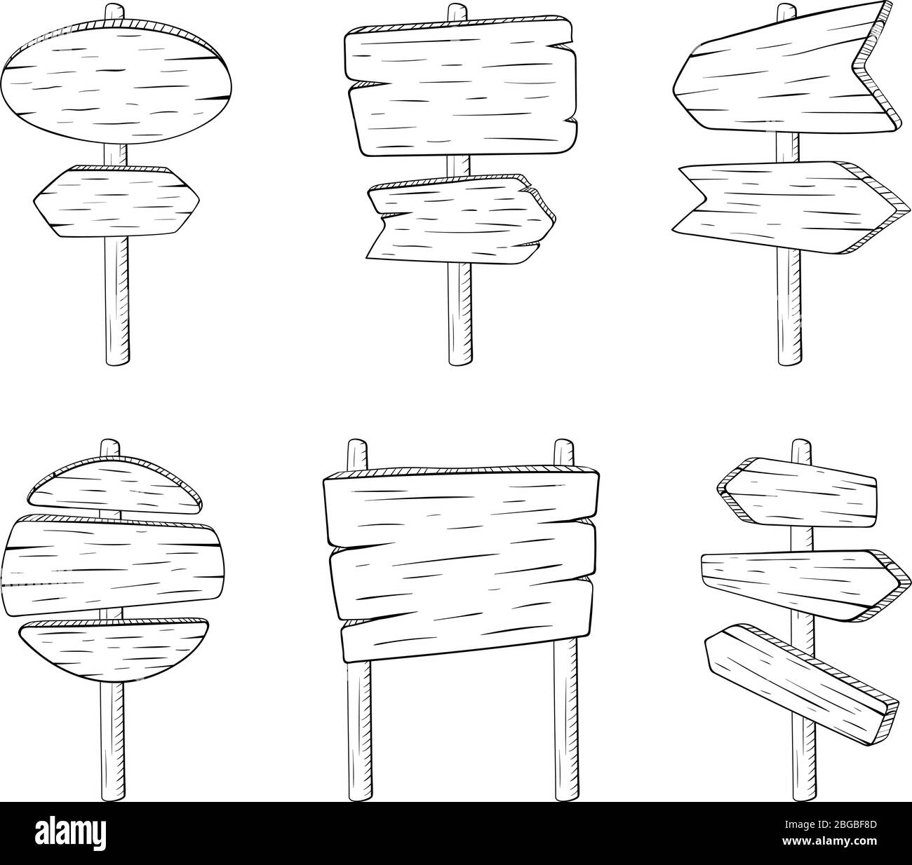 Doodle Schild Straßenbretter mit Holzstruktur. Vektor Skizze Illustration isolieren auf weißem Hintergrund Stock Vektor