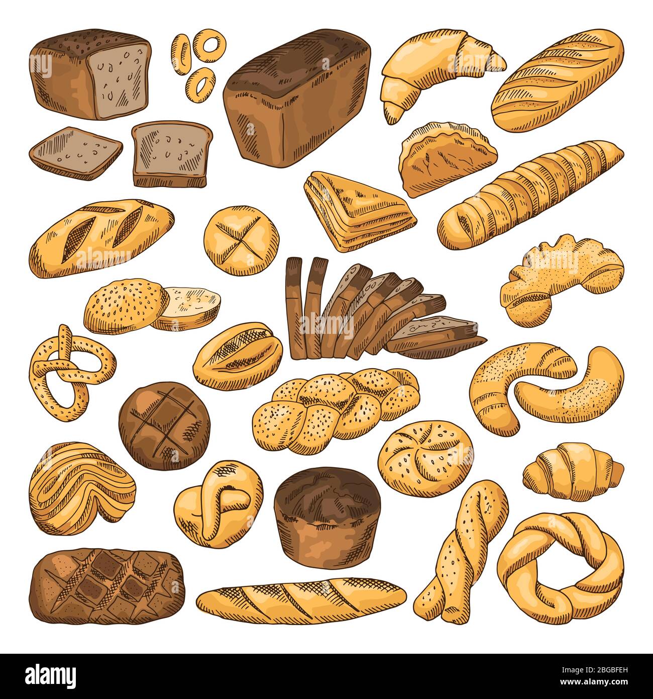 Farbige, handgezeichnete Bilder von frischem Brot und verschiedenen Arten von Backwaren. Baguette, Croissants und andere Stock Vektor