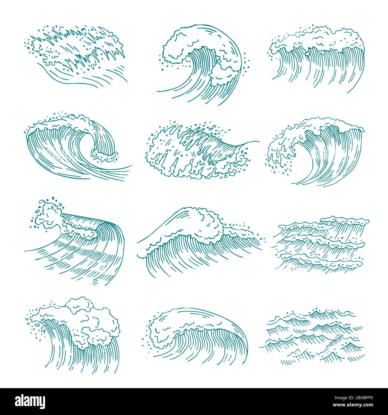 Monochrome Bilder Set von Meereswellen mit verschiedenen Spritzern. Vektorgrafik in handgezeichneter Form Stock Vektor