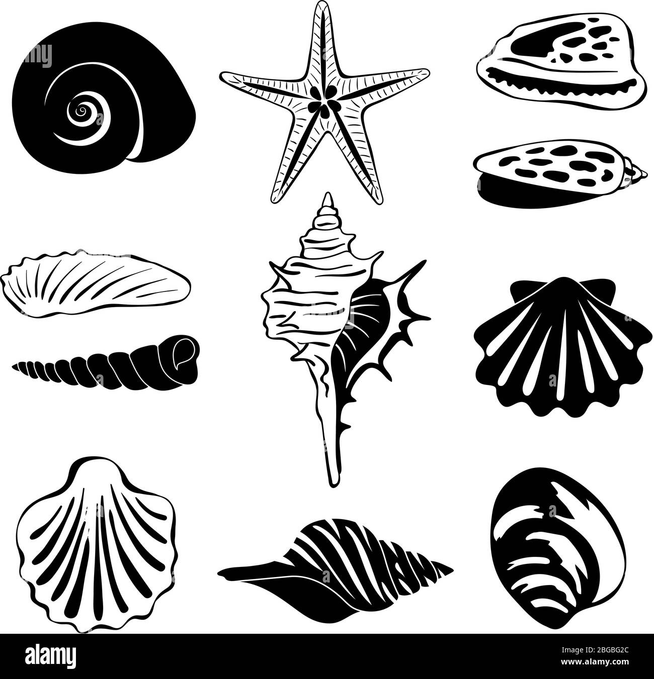 Schwarz monochrome Darstellung von Meeresschalen. Vektor Silhouette isolieren Stock Vektor