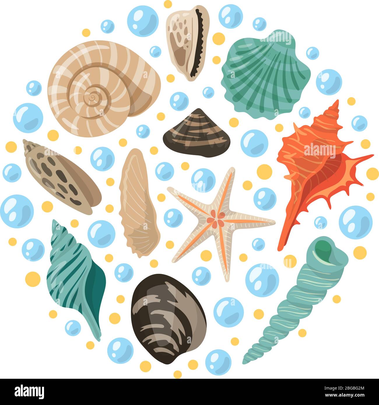 Verschiedene tropische Muscheln in Kreisform. Vektor aquatische Konzept Illustrationen Stock Vektor