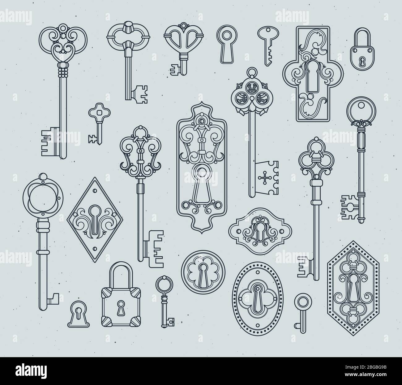 Vintage Schlüssel und Vorhängeschlösser für mittelalterliche Türen. Handgezeichnete Vektorgrafiken Stock Vektor