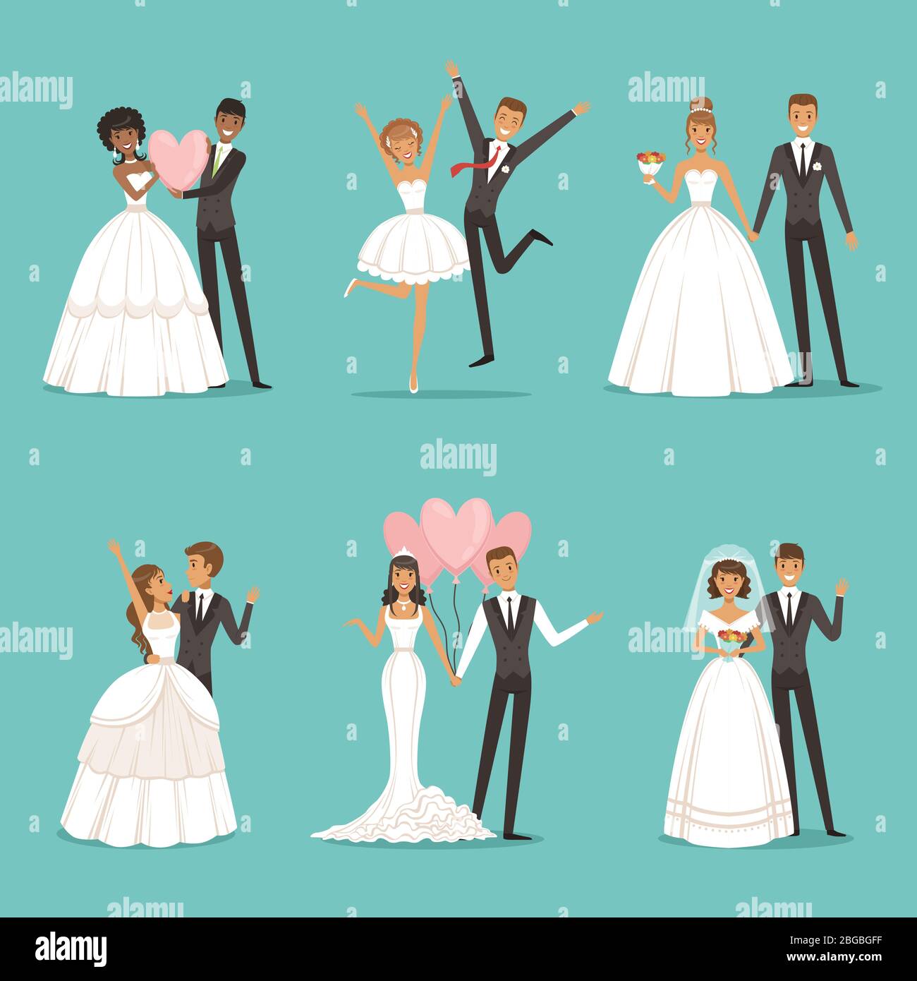 Verheiratete Paar Zeichen gesetzt. Hochzeit Maskottchen Design im Cartoon-Stil. Bräute in schönen Kleidern Stock Vektor