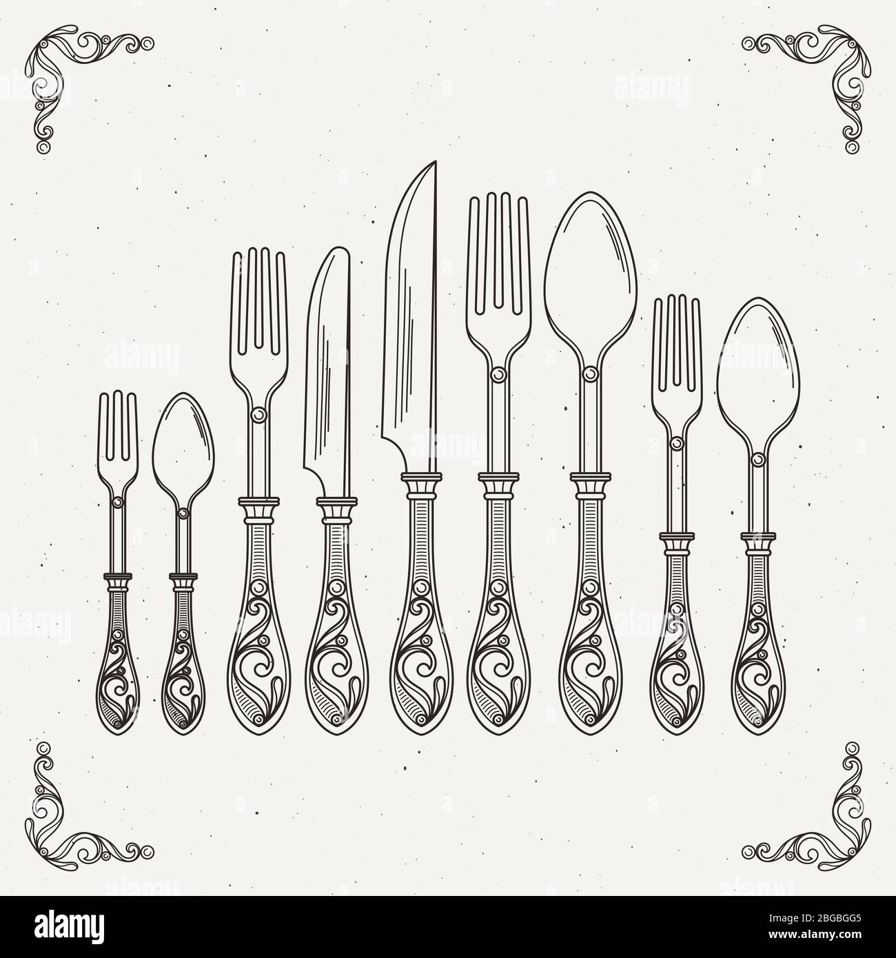 Skizzierte Illustration von Retro-Geschirr. Vektorbilder von Löffel, Gabel und Messer Stock Vektor