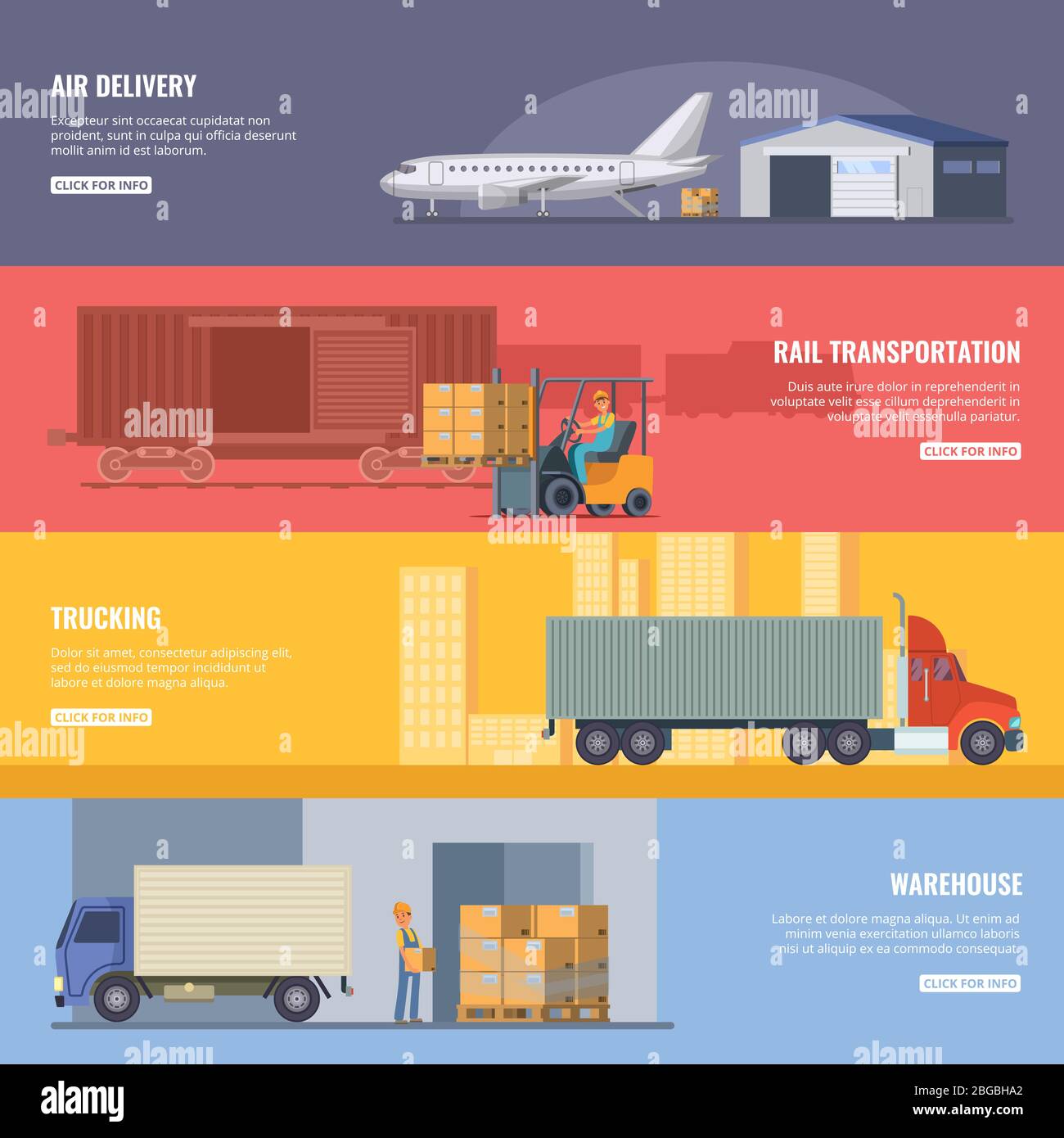 Horizontale Banner von Liefer- oder Logistikdienstleistungen. LKW-Industrie. Schnelle Beförderung. Vektor-Illustrationen im Cartoon-Stil Stock Vektor
