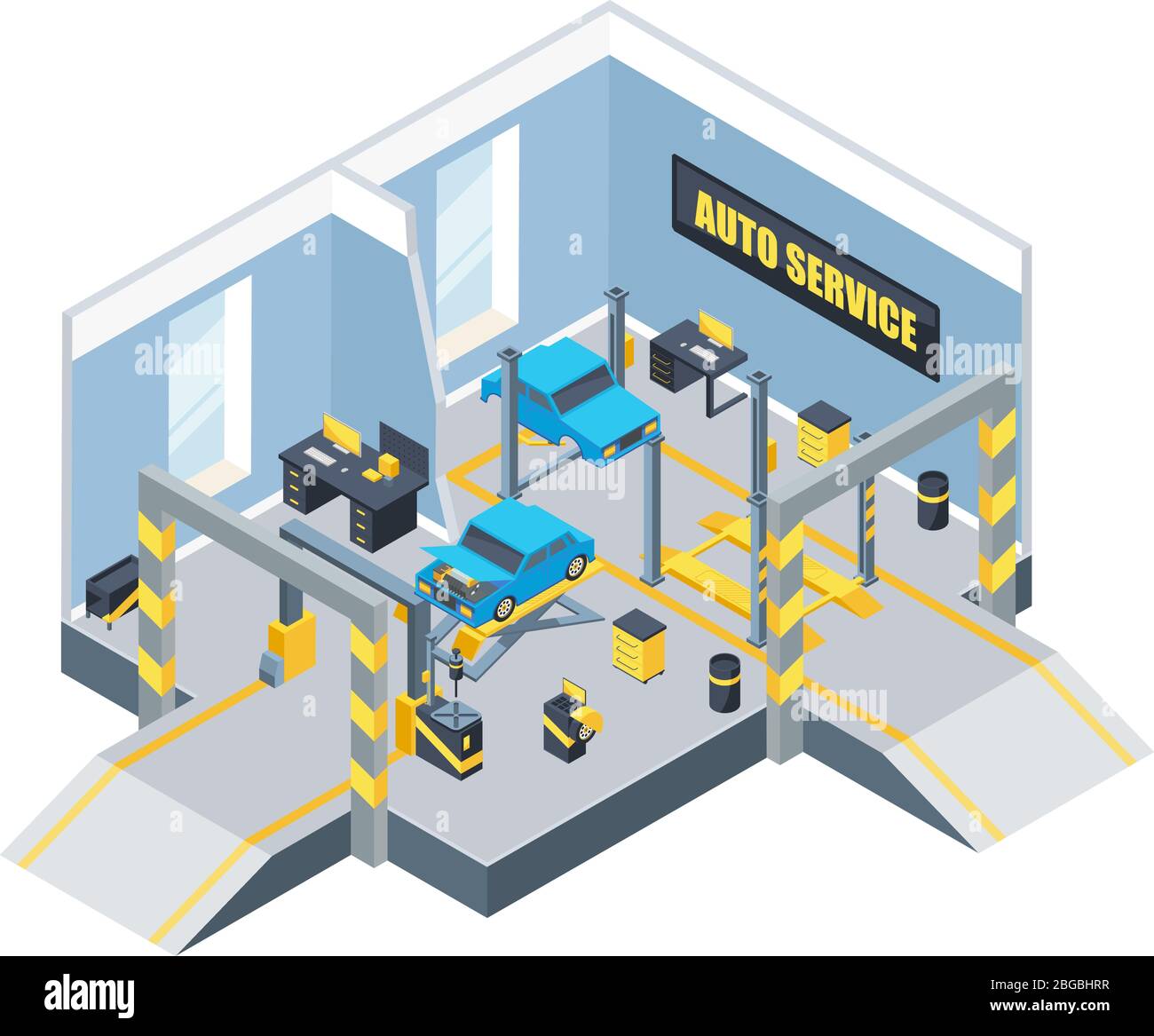 Innenraum des Auto-Service mit verschiedenen Werkzeugen und Autos. Isometrische Vektorgrafiken Stock Vektor