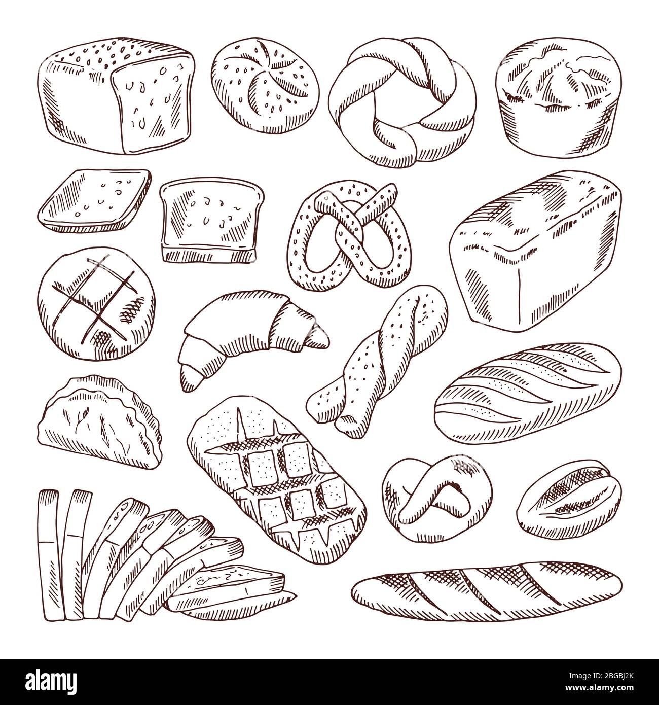 Verschiedene Arten von frischem Brot. Vektor handgezeichnete Illustrationen von Backwaren Stock Vektor