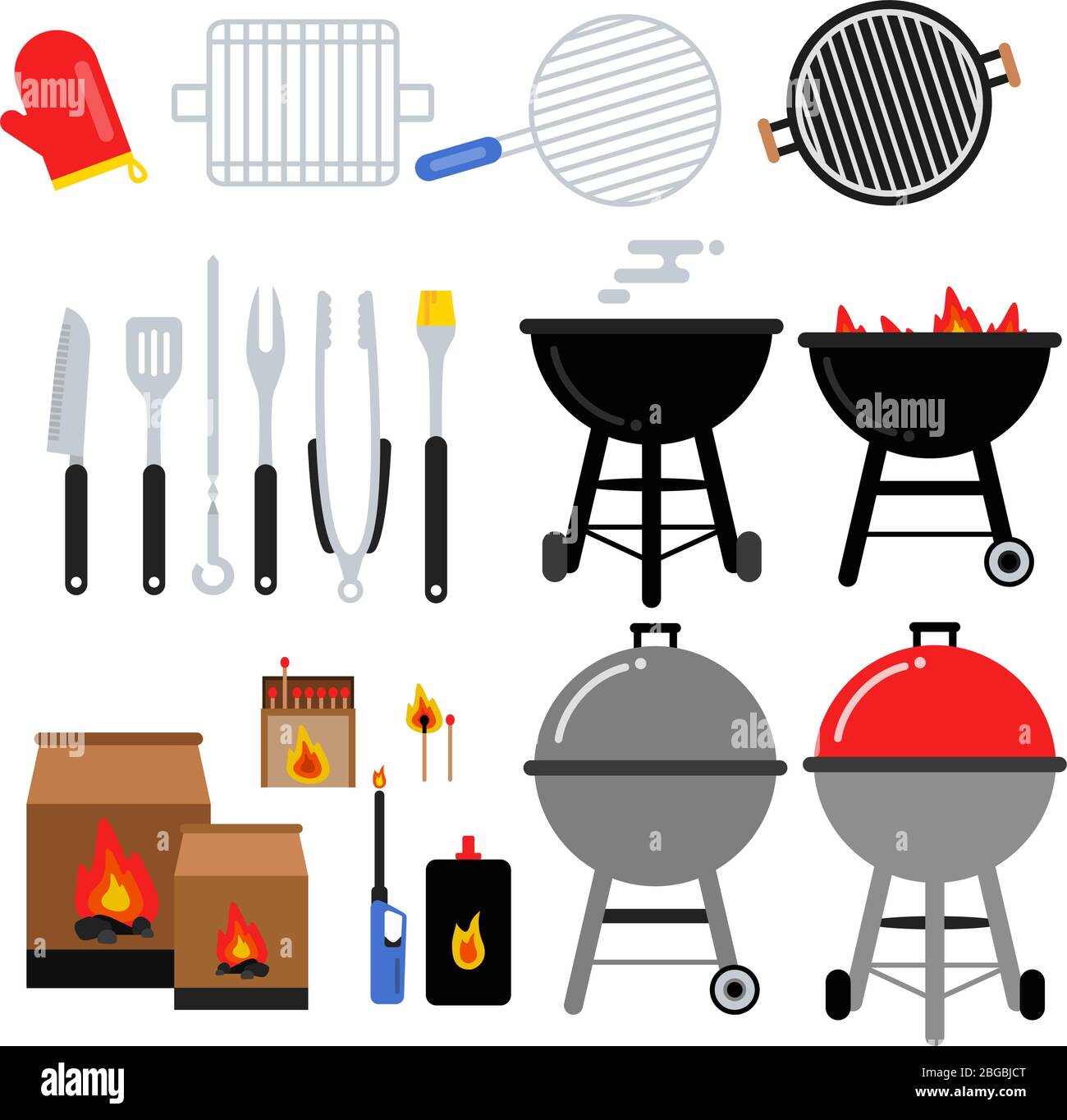 Flache Illustrationen für bbq Party. Verschiedene Grillgeräte. Fleisch, Grillen, Messer Stock Vektor