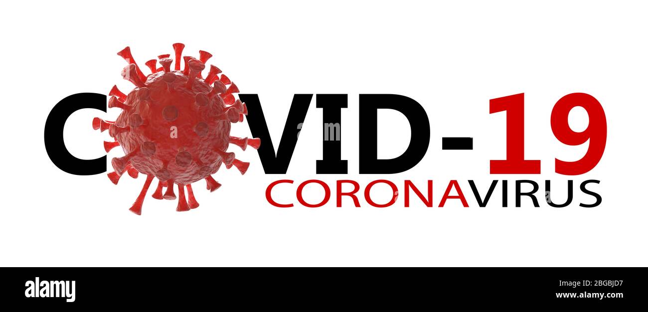 COVID-19 Banner mit realistischem Modell des Virus. 3d-Bild Stockfoto