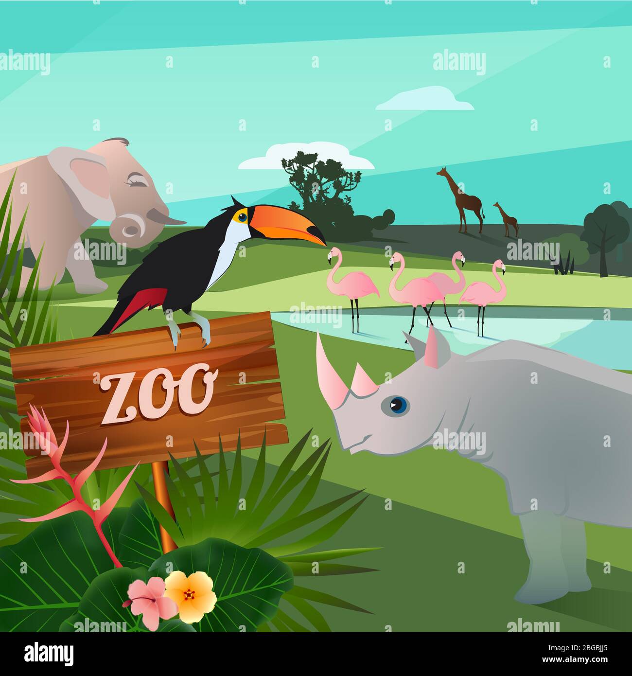 Cartoon Illustration von wilden Tieren im Zoo. Lustige Vektorfiguren Stock Vektor