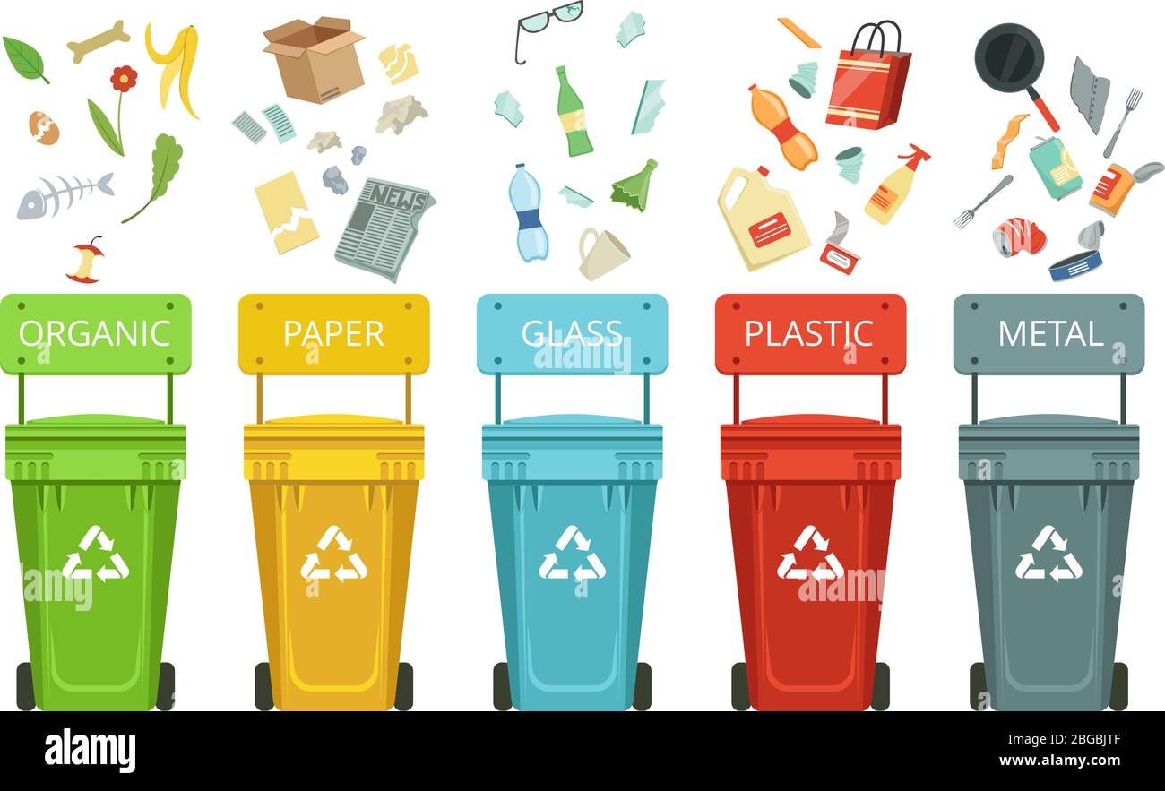 Kunststoffbehälter für Müll verschiedener Art. Vektor-Illustrationen im Cartoon-Stil Stock Vektor