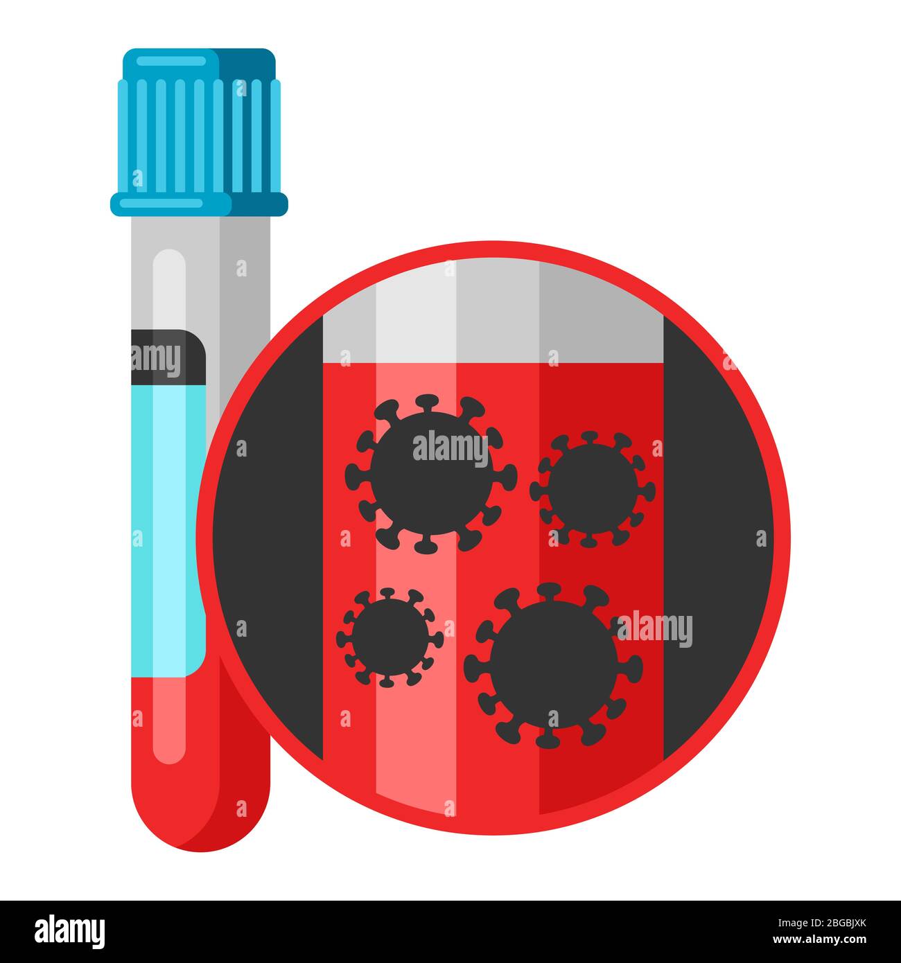Abbildung des medizinischen Reagenzglases mit Blut. Coronavirus-Moleküle Covid-19. Stock Vektor