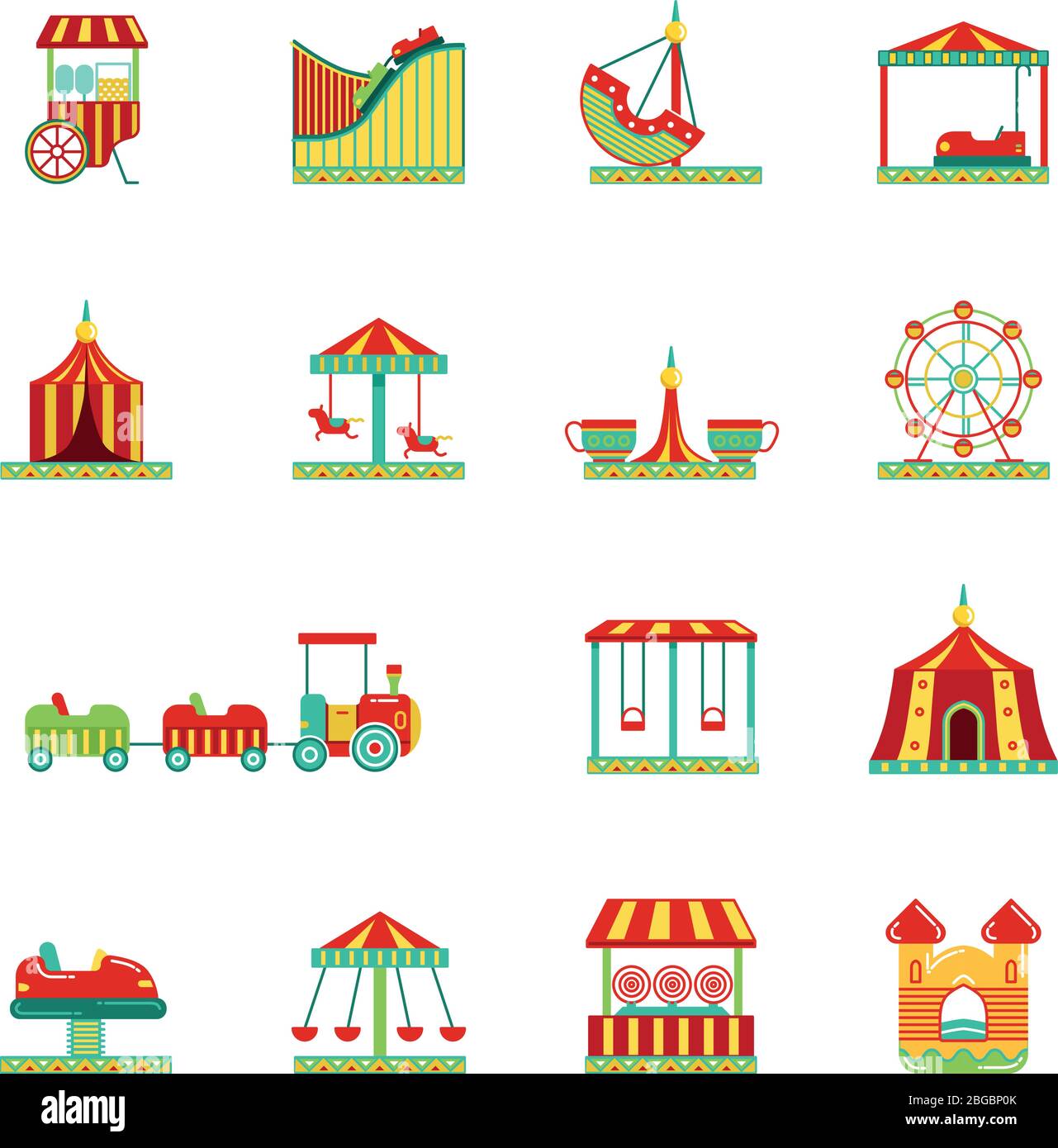 Icon-Set von Attraktionen im Vergnügungspark. Zirkus, Karussell und andere Vektorgrafiken im flachen Stil Stock Vektor