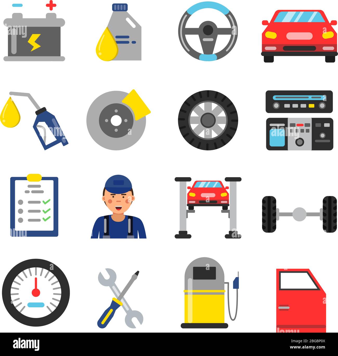 Symbole für den Autoservice gesetzt. Verschiedene Teile des Automobils. Vektorgrafiken im flachen Stil Stock Vektor