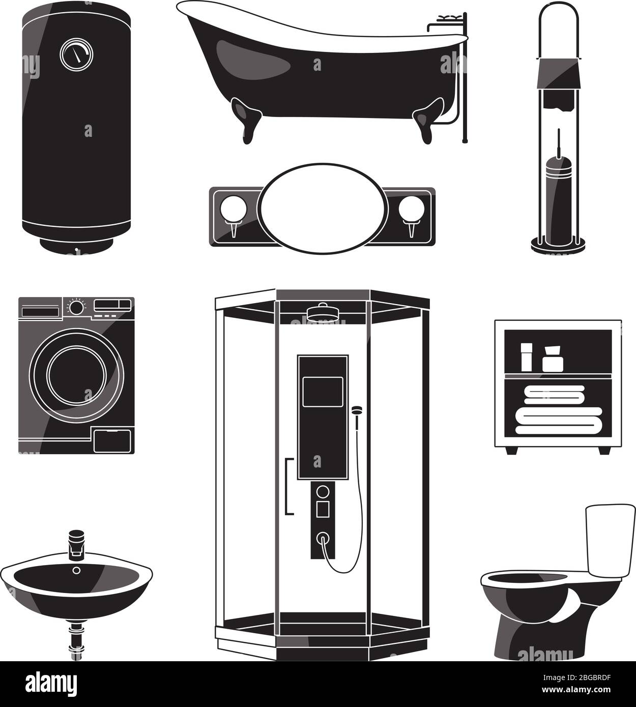 Monochrome Illustrationen von Badmöbeln und anderen Sanitär-Symbolen. Vektor schwarze Bilder isoliert Stock Vektor
