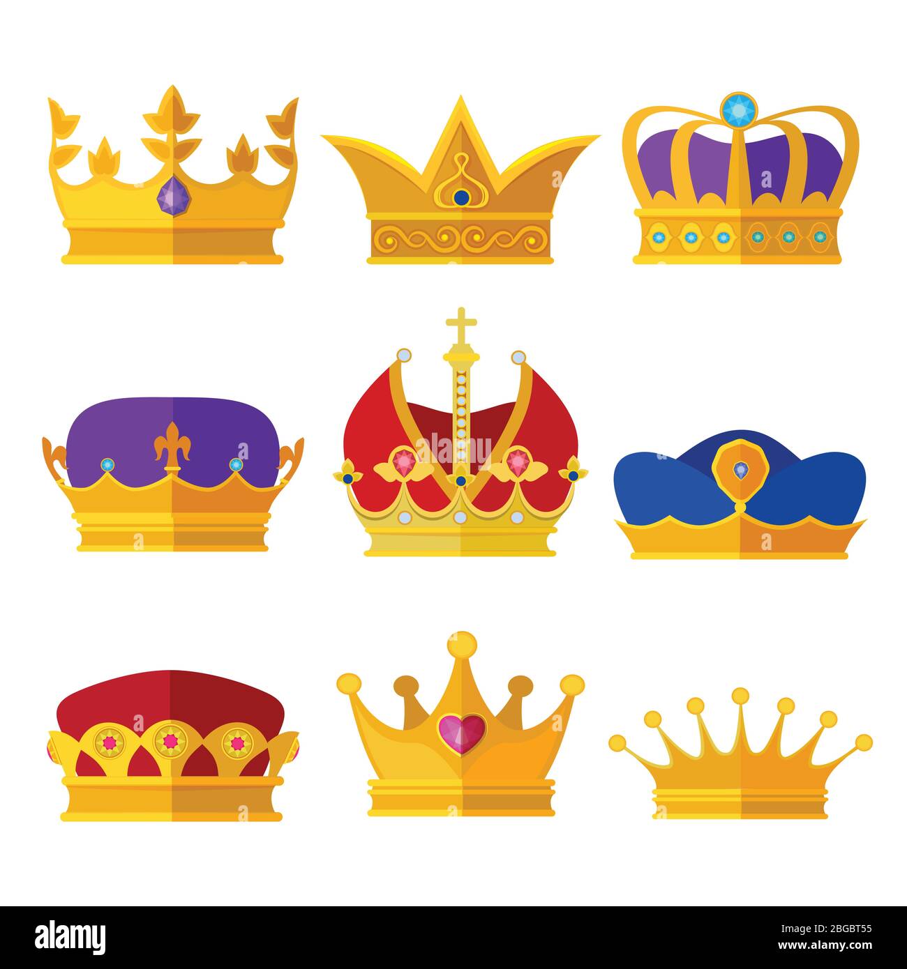 Goldene Kronen von Königen, Prinzen oder Königen. Vektor-Illustrationen im Cartoon-Stil gesetzt Stock Vektor