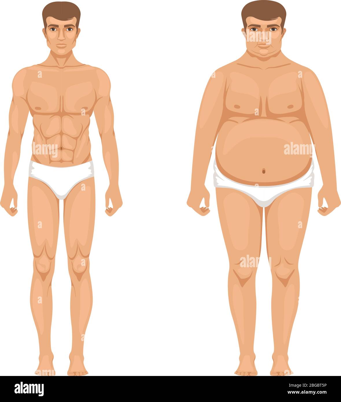 Visualisierung der Gewichtsverlust. Muskulös und fett Mann. Vektor Cartoon Illustration von Lifestyle Stock Vektor