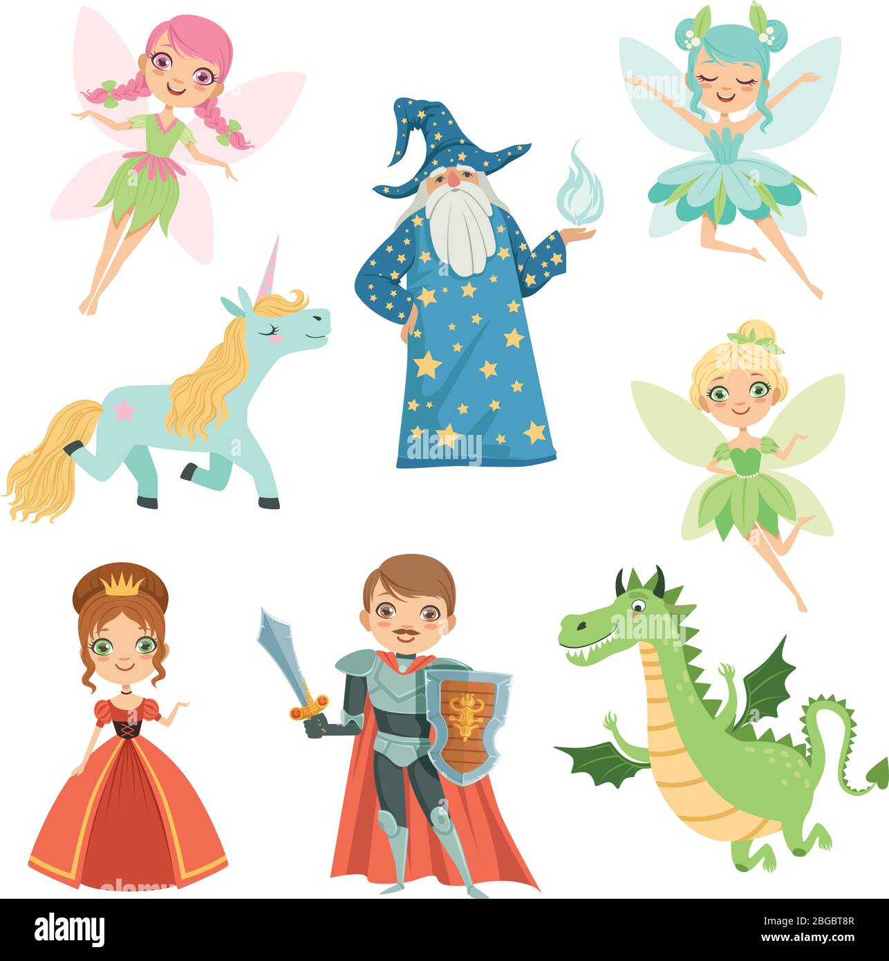 Märchenfiguren in verschiedenen Kostümen. Prinzessin, lustiges Einhorn. Zauberer, Drache und Ritter. Vektor-Illustrationen im Cartoon-Stil Stock Vektor