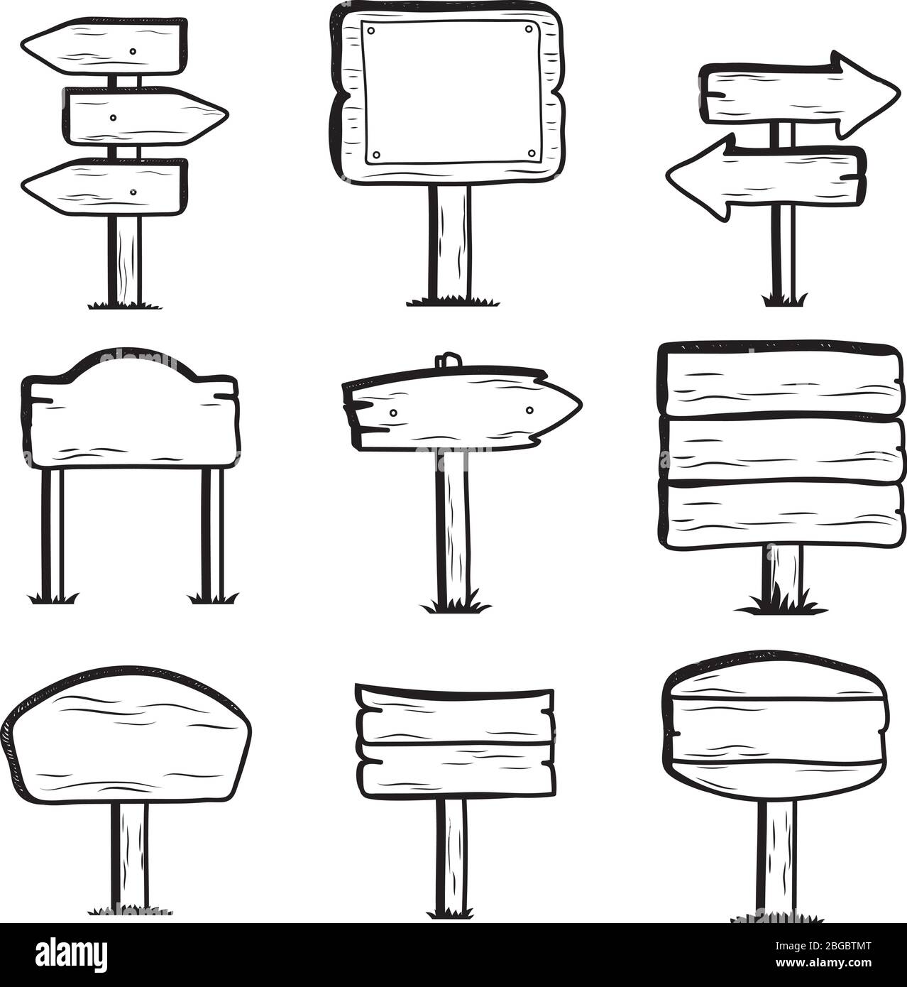 Handgezeichnete Holzschilder. Symbole für Doodle-Zeichen. Holzrahmen Pfeil, Holzplakatwand Banner, Vektor-Illustration Stock Vektor
