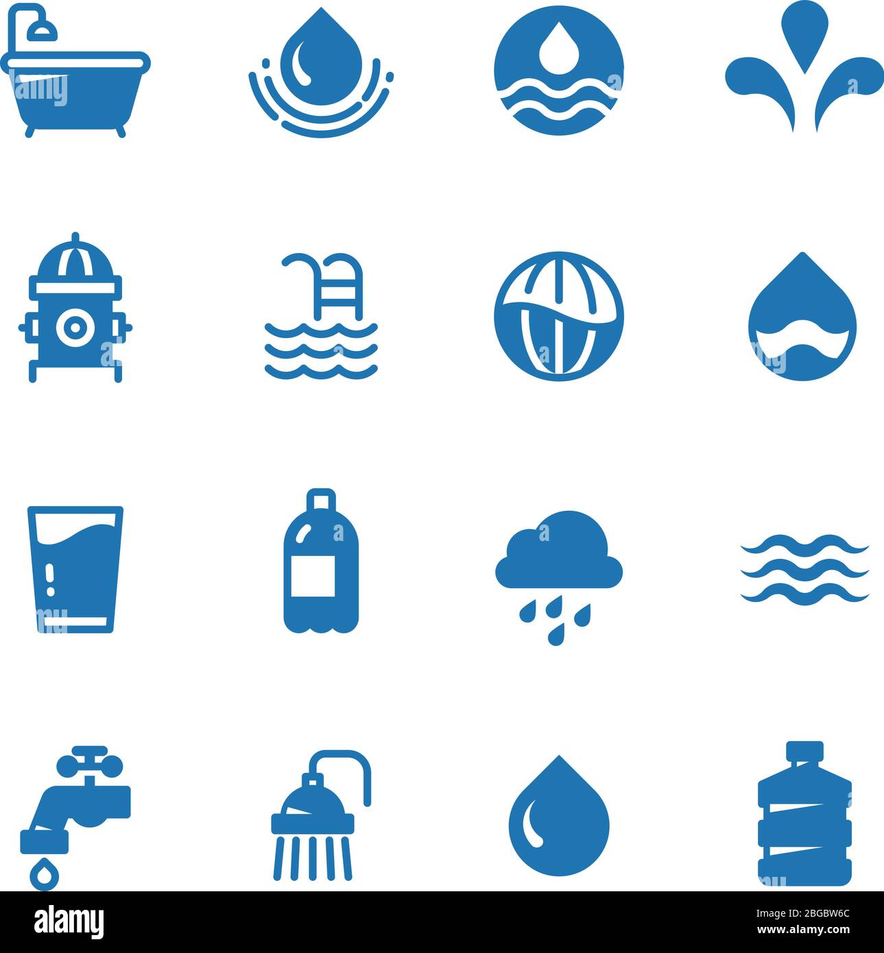Vektorsymbole für die Silhouette des sauberen Wassers. Aqua Piktogramme Regen und Welle, Dusche und Wasserhahn, Bad und Hydranten Abbildung Stock Vektor
