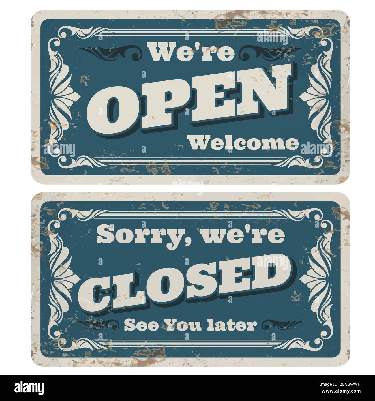 Retro offene und geschlossene Vektor-Geschäft oder Pub-Zeichen mit rostigen Metall-Textur. Öffnen Sie Vintage Banner für Shop, Tür Poster mit Text geschlossen Illustration Stock Vektor