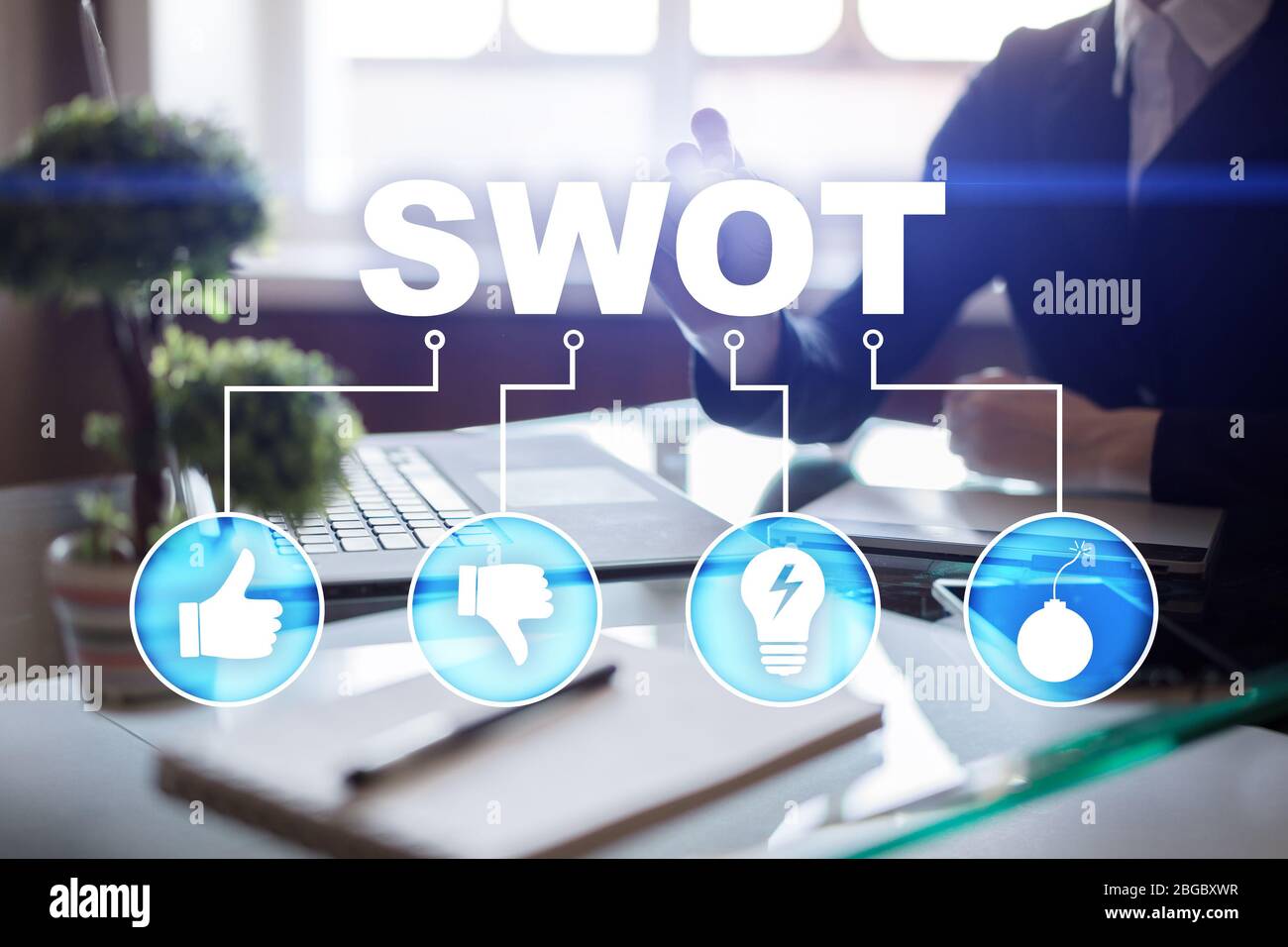 SWOT-Analysekonzept - eine Studie einer Organisation zur Ermittlung ihrer internen Stärken, Schwächen sowie ihrer externen Chancen und Bedrohungen. Stockfoto