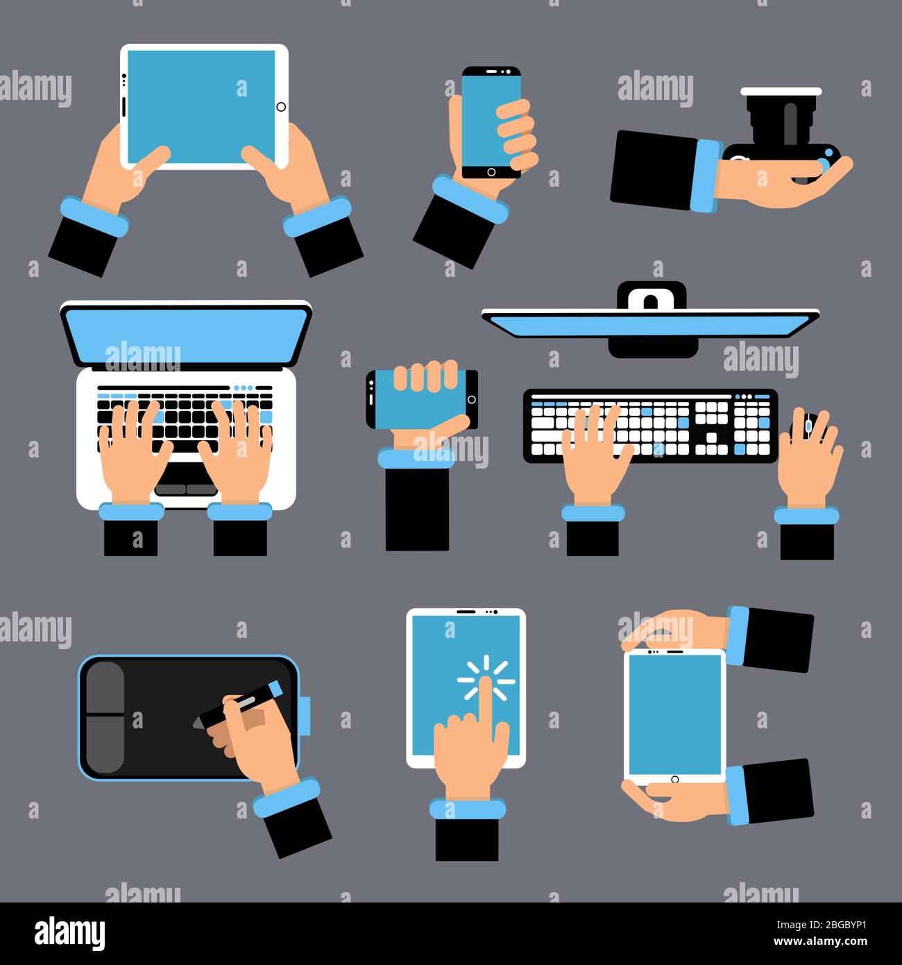 Hände, die verschiedene Computergeräte halten. Laptop, Smartphone, Tablet und andere Geräte. Vektorbild im flachen Stil Stock Vektor