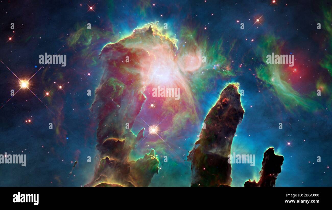 Die Säulen der Schöpfung. Der Adlernebel. Elemente dieses Bildes, die von der NASA bereitgestellt wurden Stockfoto
