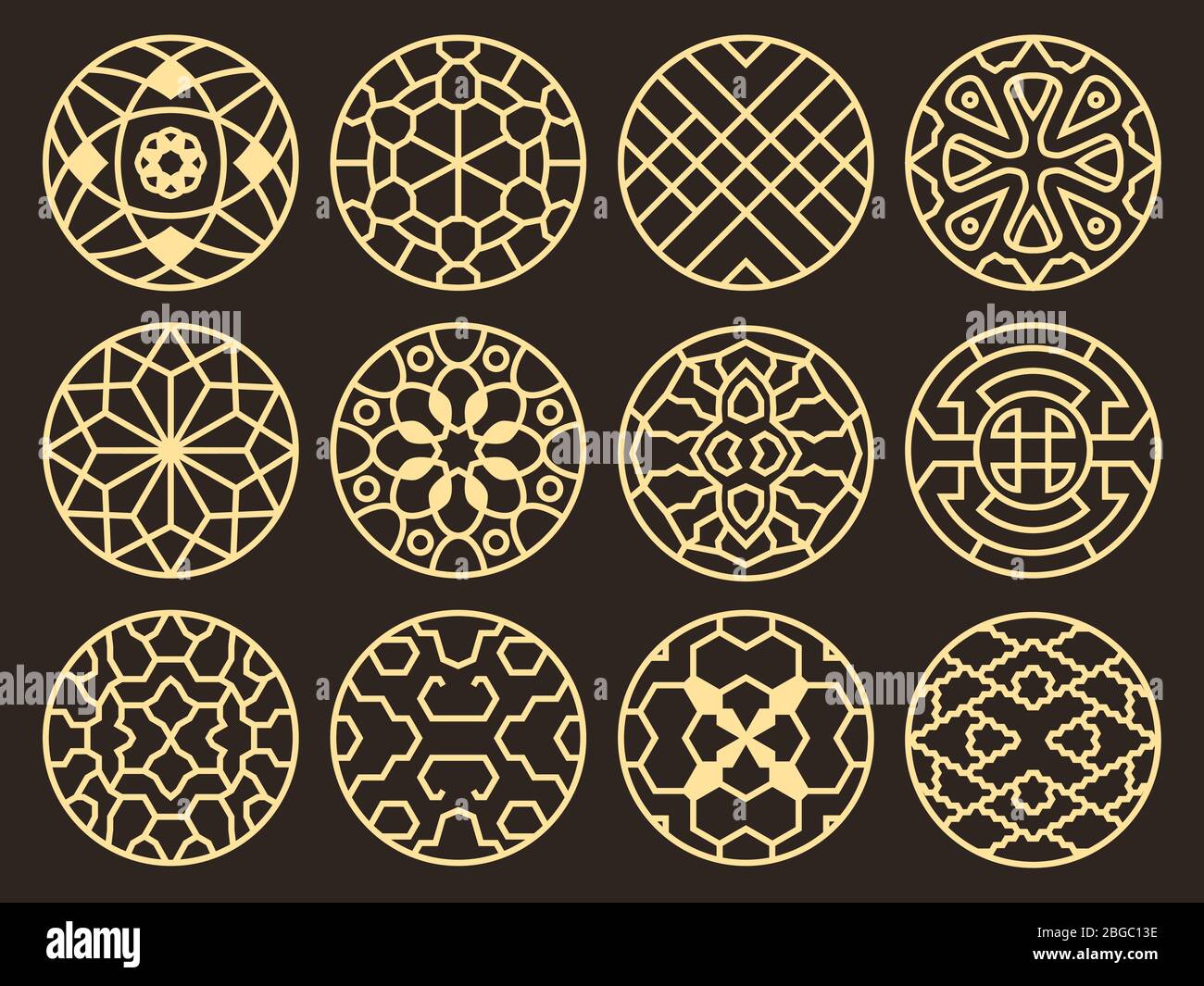 Koreanische und chinesische traditionelle Vektor alten buddhistischen Muster, Ornamente und Symbole. Asiatische runde Element Muster Tattoo, Illustration von symbolischen Rahmen Stock Vektor