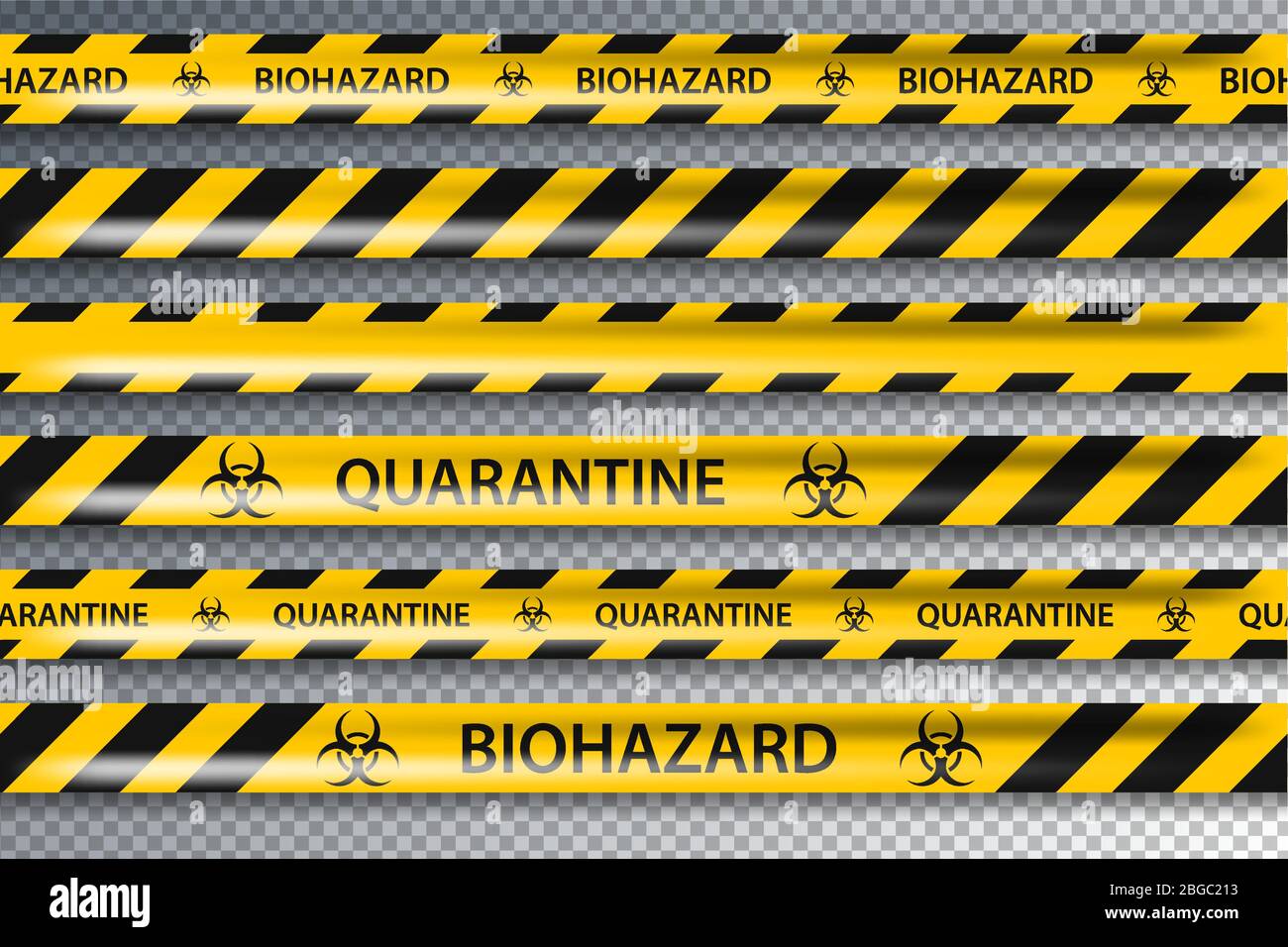 Vector Biohazard Gefahr gelb schwarz nahtlose Band-Set auf transparentem Hintergrund isoliert. Schutzband für Zaunschutz. Quarantäne-Grippe. Warnung Gefahr Stock Vektor