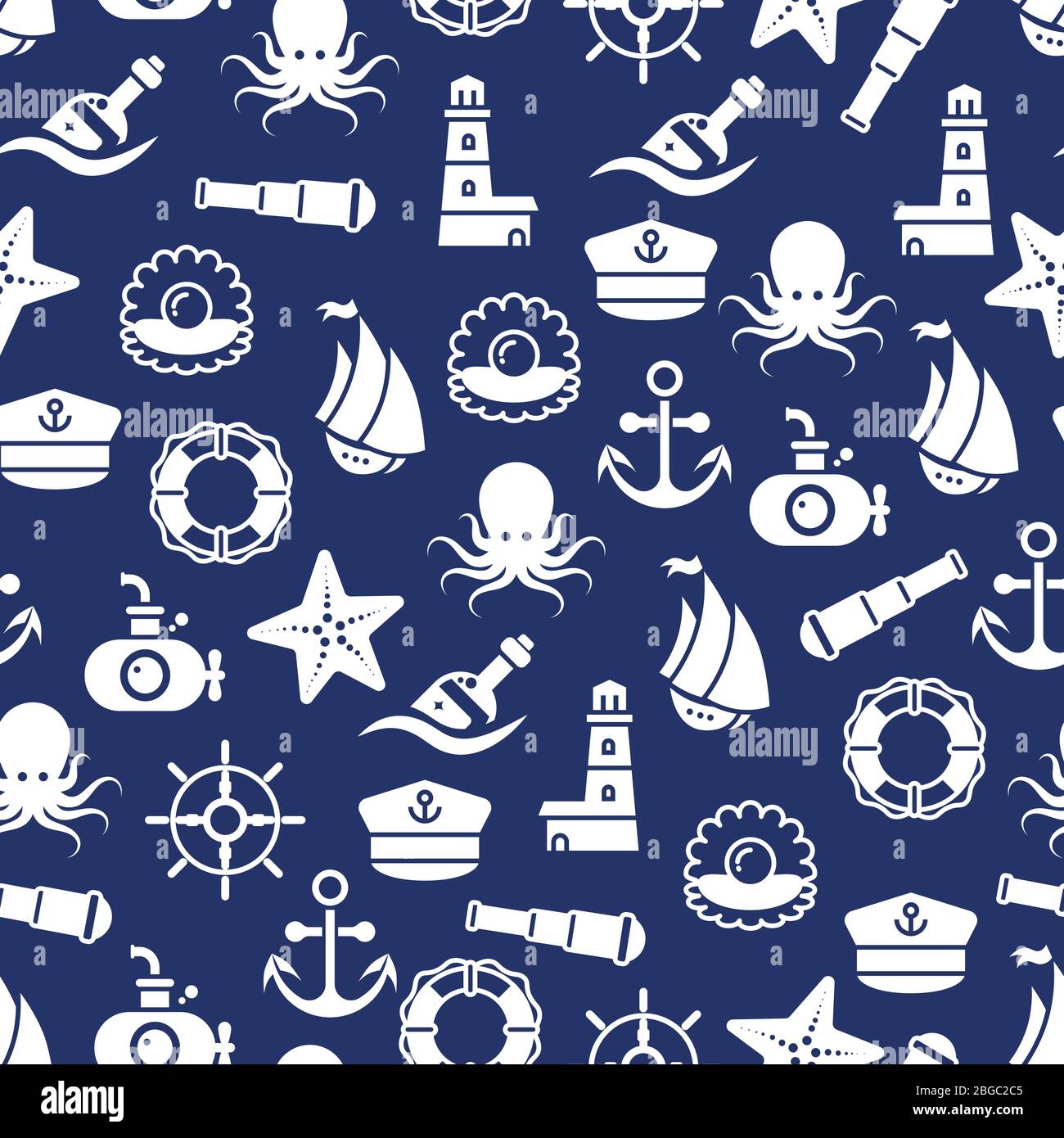 Meer oder Meer nahtlose Muster mit Anker Boot Flasche Shell Oktopus. Ocean Patetrn mit Flasche Meerestier. Vektorgrafik Stock Vektor