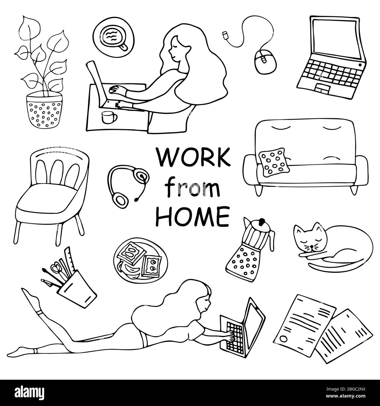 Arbeiten Sie von zu Hause aus. Satz von Kritzeleien. Mädchen sitzt an einem Laptop. Sessel, Sofa mit Kissen, Arbeitspapiere, eine schlafende Katze, Tasse Kaffee, Blume in einer Kanne, c Stock Vektor