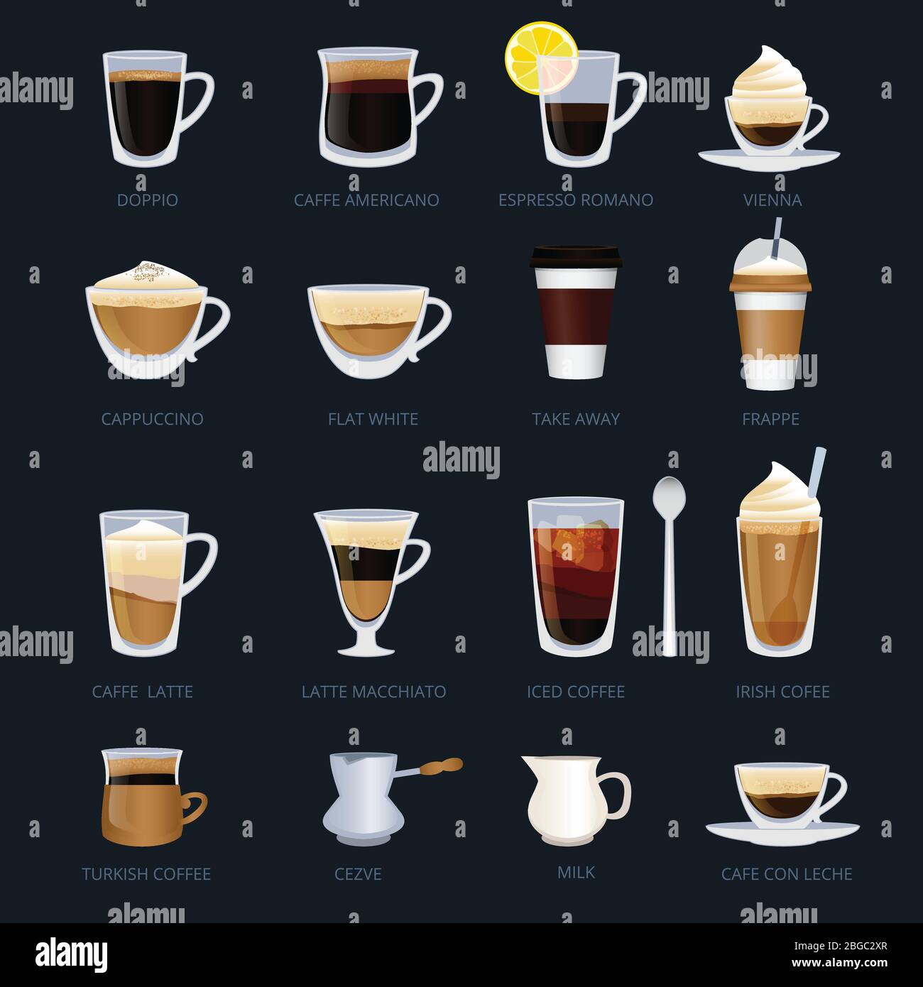 Tassen mit verschiedenen Arten von Kaffee. Espresso, Cappuccino, Macchiato und andere. Vektor-Illustrationen im Cartoon-Stil gesetzt Stock Vektor