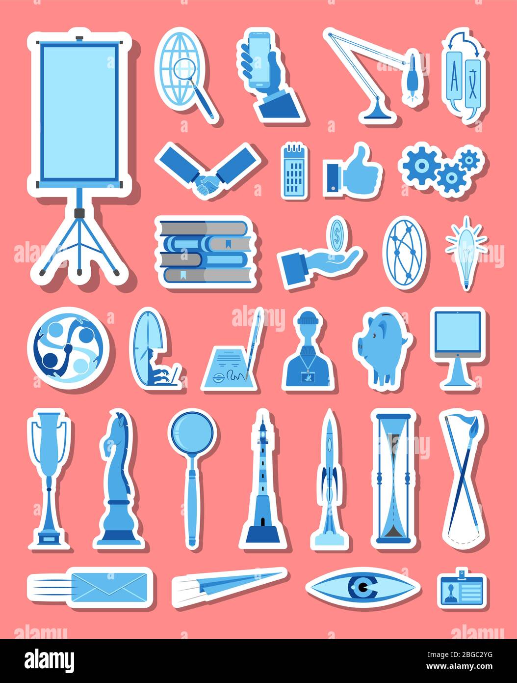 Business- und Management-Symbole sind in blauen Tönen gehalten. Alle Symbolobjekte, Schatten und Hintergrund sind in verschiedenen Ebenen. Stock Vektor