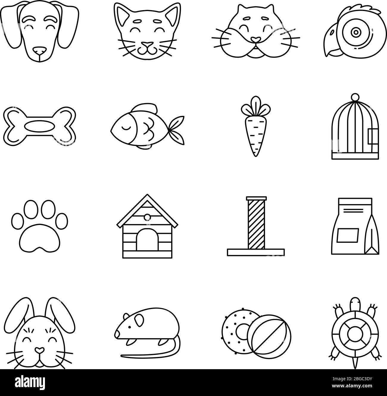 Lineares Icon-Set von Haustieren und seinen Werkzeugen. Zoo Magazin Vektorbilder isoliert Stock Vektor