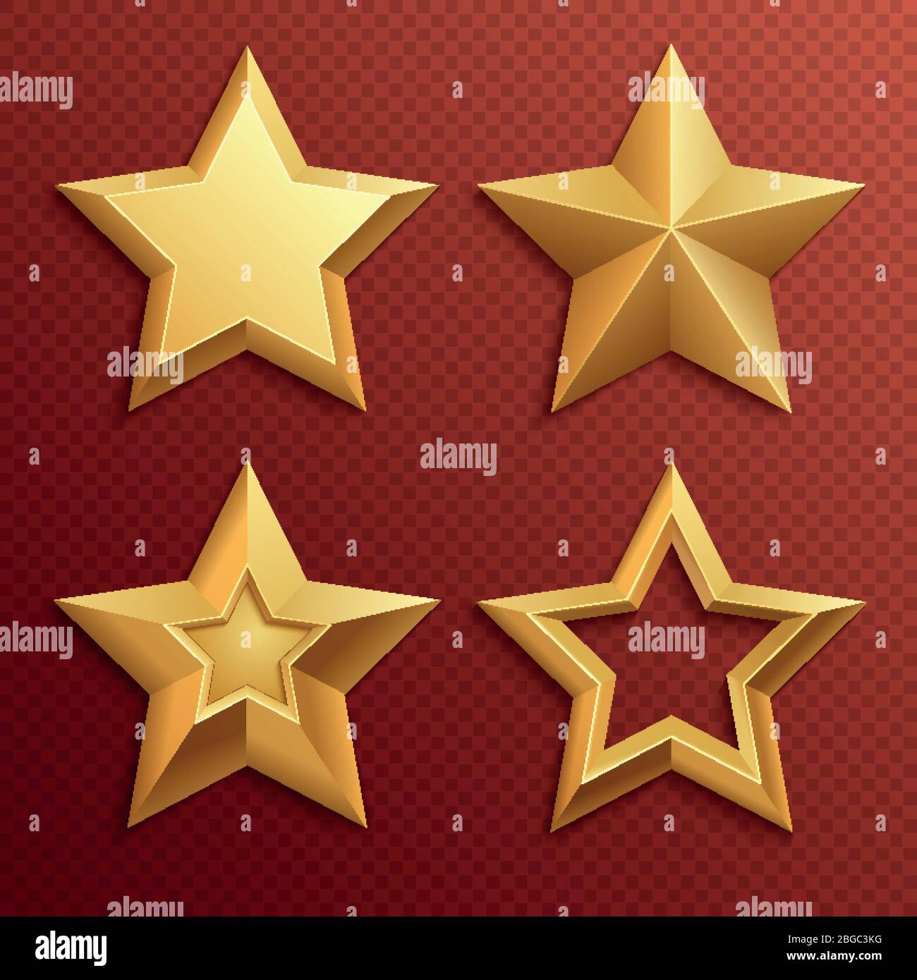 Realistische goldene Sterne aus Metall isoliert für Bewertung und Urlaub Dekoration Vektor-Set. Abbildung der Sternedekoration für die Auszeichnung Stock Vektor